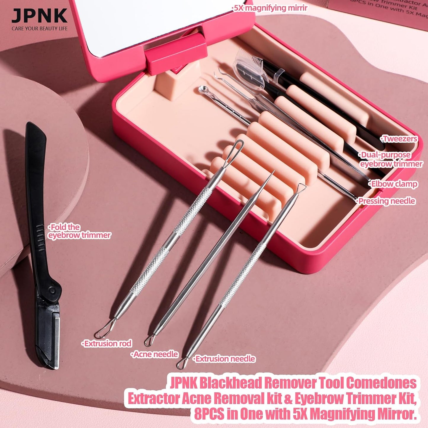 Blackhead Remover Tool Kit - 8-Piece Comedones Extractor & Eyebrow Trimmer with 5X Magnifying Mirror | Silver
