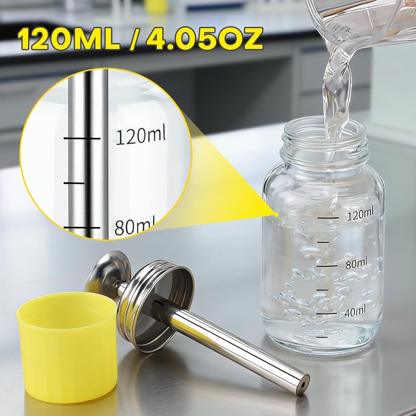 Clear Pump Dispenser Bottle - 4oz Refillable Glass Container for Acetone & Alcohol | Lab Dropping Bottle with Copper Core
