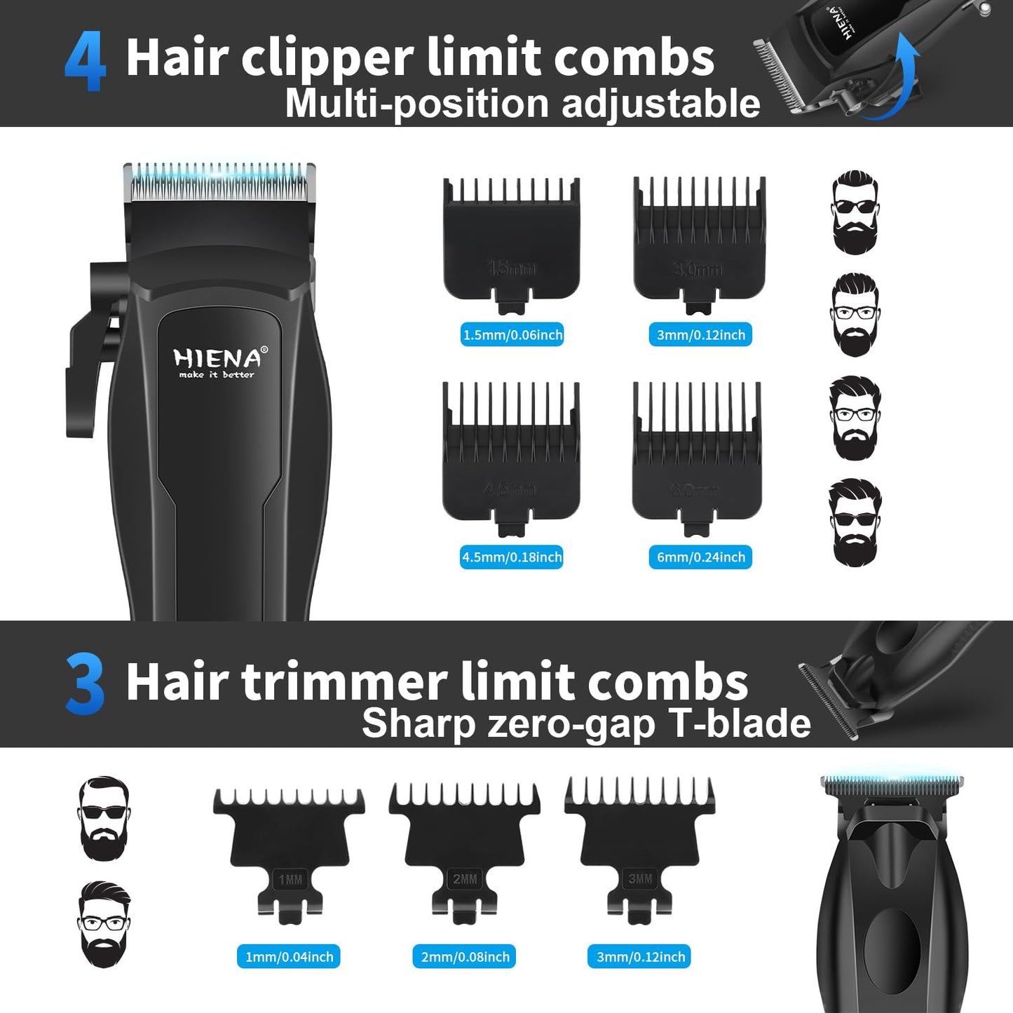 HIENA PRO Hair Clippers for Men Professional, Cordless Barber Clipper T-Blade Beard/Hair Trimmer Electric Razor Foil Shaver Set, Men's Hair Cutting Kit with LED Display, Barber or Home Use