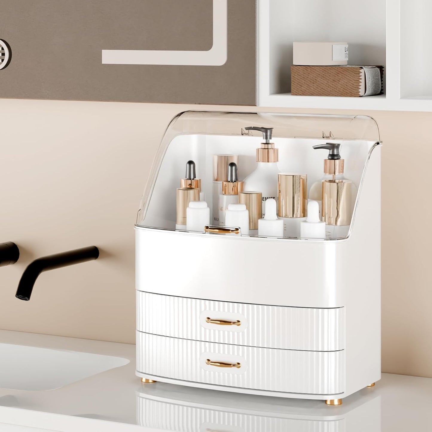 Makeup Organizer - Waterproof & Dustproof Vanity Storage with Transparent Lid | White Countertop Design for Cosmetics & Skincare