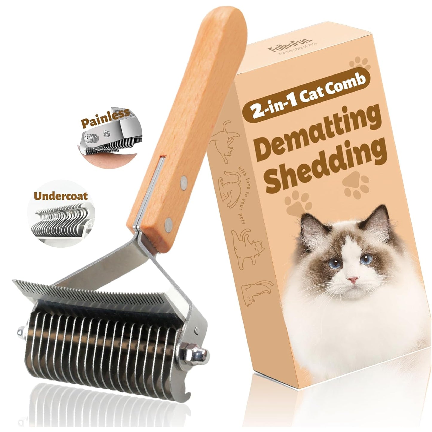 Cat Brush for Dematting & Deshedding - 2 in 1 Undercoat Rake for Indoor & Long Haired Cats | Efficiently Removes Loose Hair & Matted Fur