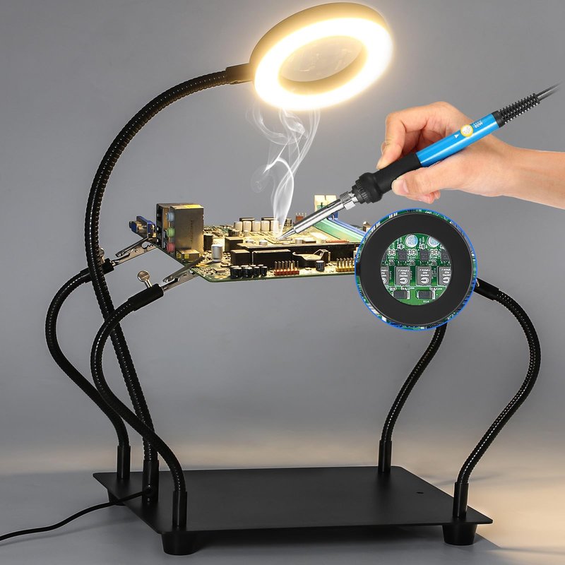 NZQXJXZ Helping Hands Soldering Station with 3X Magnifying Glass and Light, Soldering Holder Metal Circuit Board Holder 4 Flexible Metal Arms Magnetic Helping Hand for Soldering, Assembly, Repair