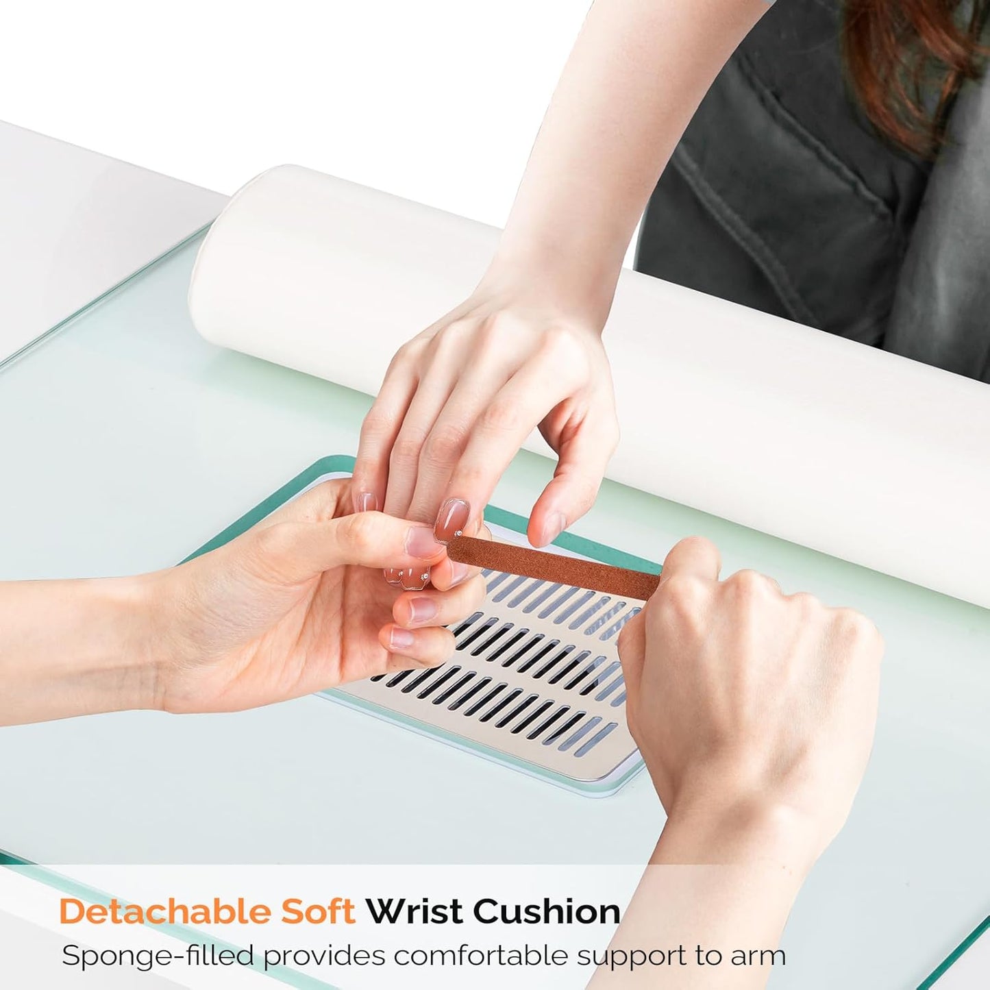 OmySalon Manicure Table - Glass Top Nail Desk with Wrist Rest & Storage | Acetone Resistant, White