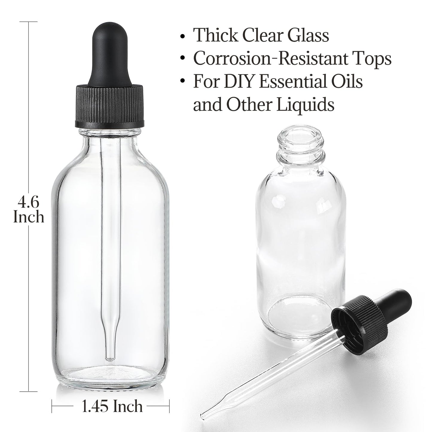 4 Pcs, 2 oz Clear Eye Dropper Bottles with 1 Stainless Steel Funnels & 4 Labels - Black Caps 60ml Thick Glass Tincture Bottles - Leakproof Essential Oils Bottles for Health, Personal Care & Beauty