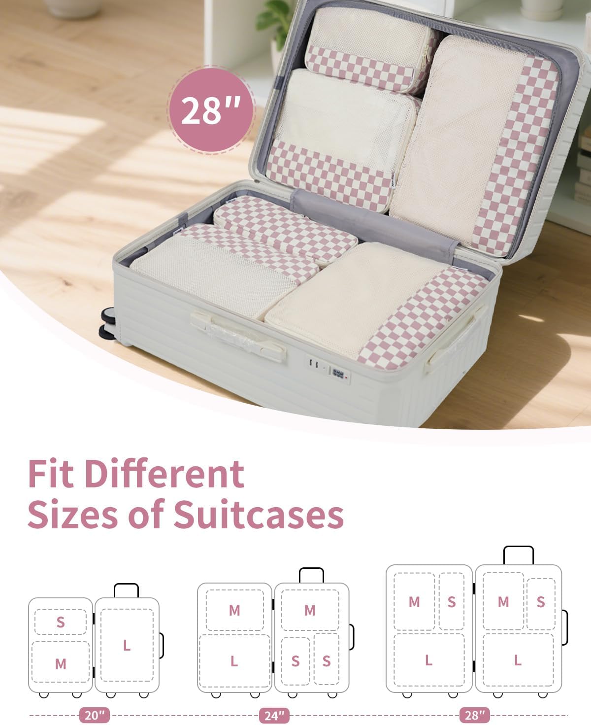 Checkered Packing Cubes - 7 Set Travel Organizer Bags for Suitcase | Durable Dusty Pink Design
