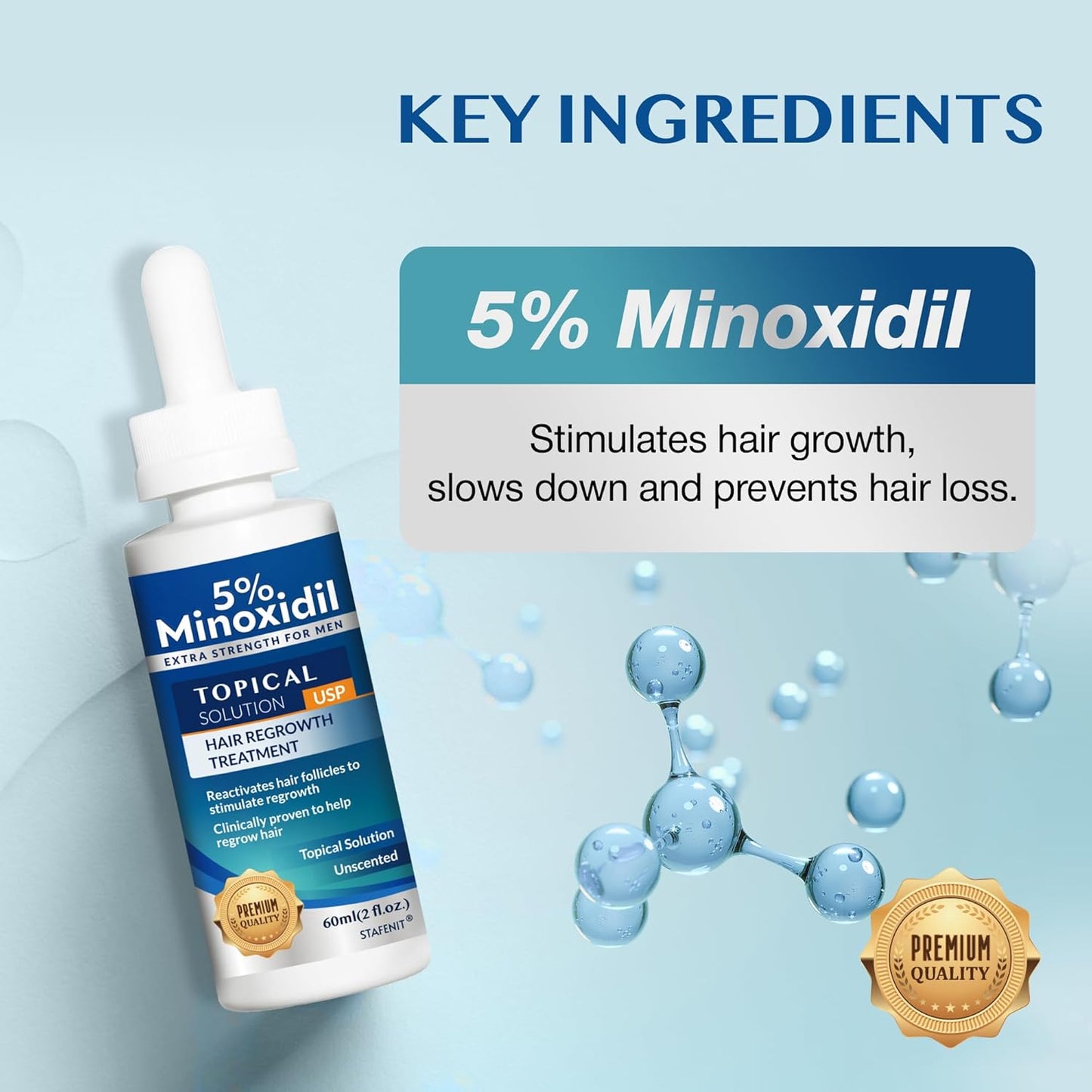 Minoxidil Hair Growth Serum - Extra Strength Beard Regrowth Treatment with Biotin | 60ml, 3 Bottles