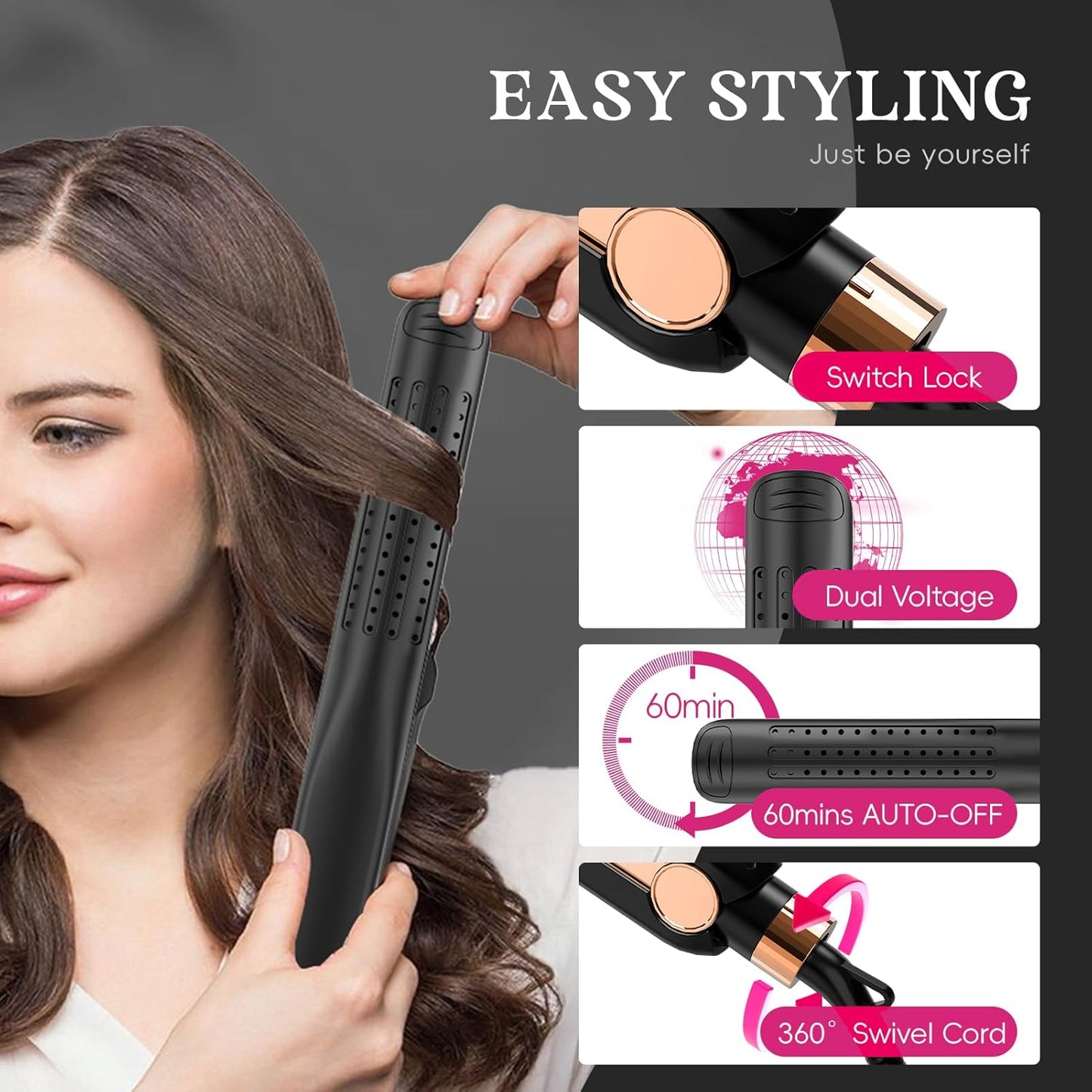 SKIMI Airflow Styler 2.0 - Titanium Flat Iron & Curling Wand with 96 Cool Air Vents | Dual Voltage, Anti-Tangle, 5 Heat Settings (Black & Champagne)