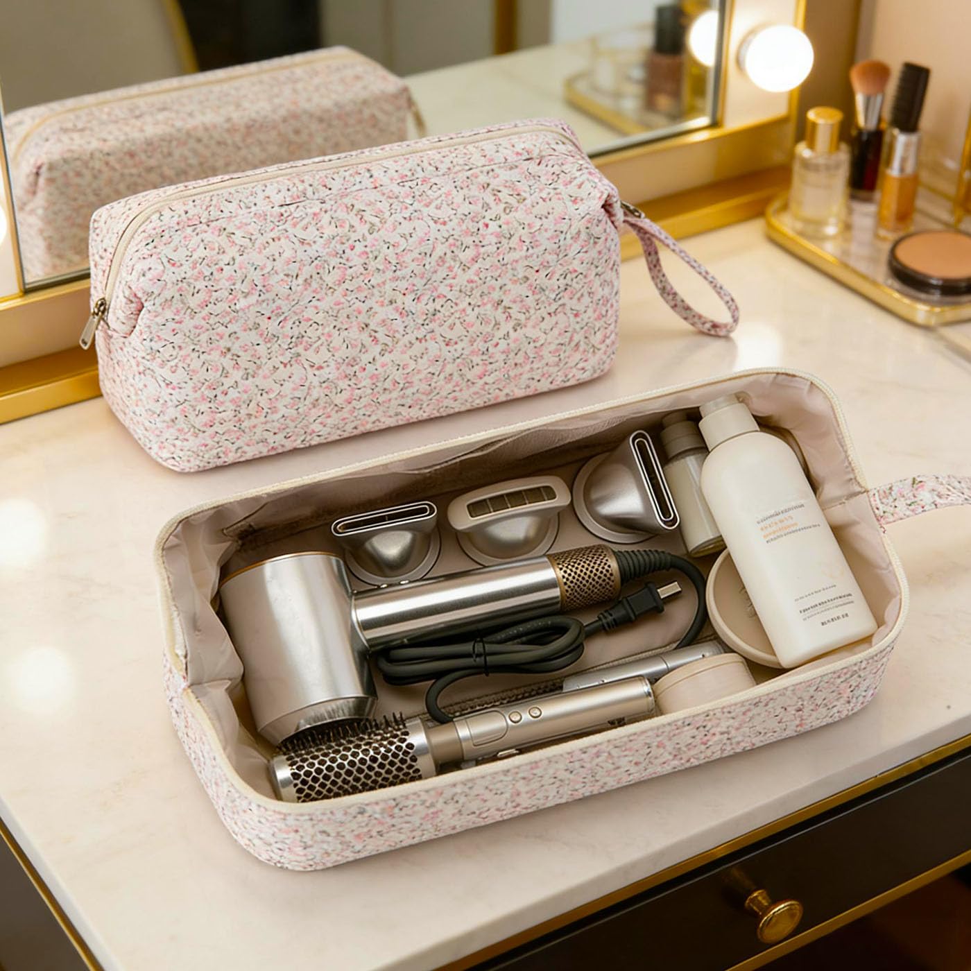 EdenShine Quilted Hair Tools Travel Bag Hair Styling Tools Organizer with Floral Pattern Compatible with Shark FlexStyle Dyson Revlon Hair Dryer, Storage Case for Makeup Curling Iron Hair Tools