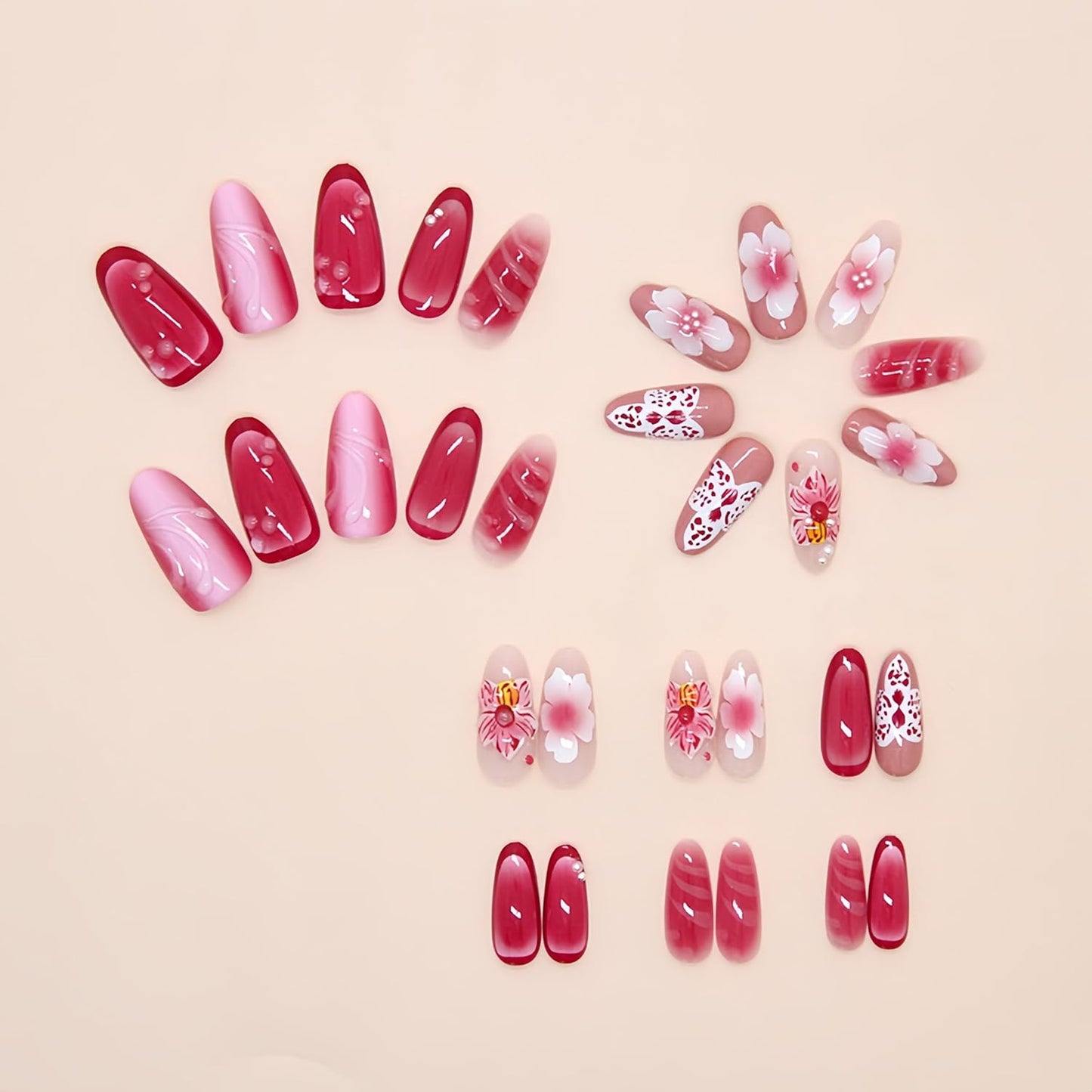 Almond Press-On Nails Set - 30Pcs 3D Pink Flower & Gold Beads | Reusable Floral Design for Beach Vacation