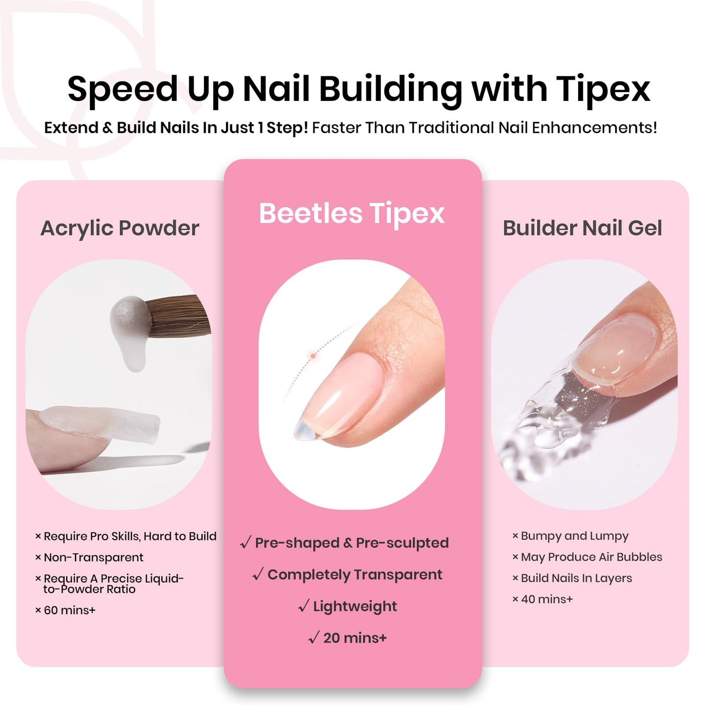 Beetles Tipex Instant Apex Nail Tips Kit, Short Almond, 224PCS 16 Sizes 00-14, No Builder Gel Needed, 20g Solid Nail Glue, Mini UV Lamp