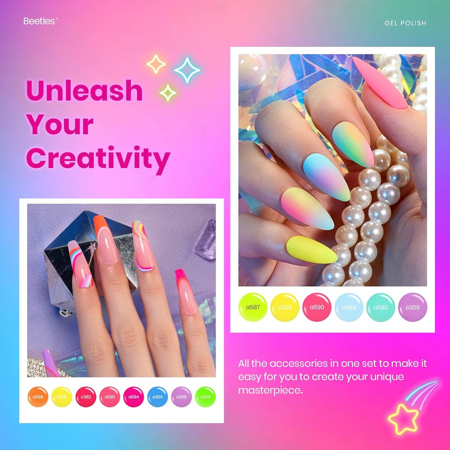 Beetles Neon Gel Nail Polish Set - 20 Vibrant Summer Colors | Includes Base & Top Coat, Soak Off UV Manicure Gift for Women