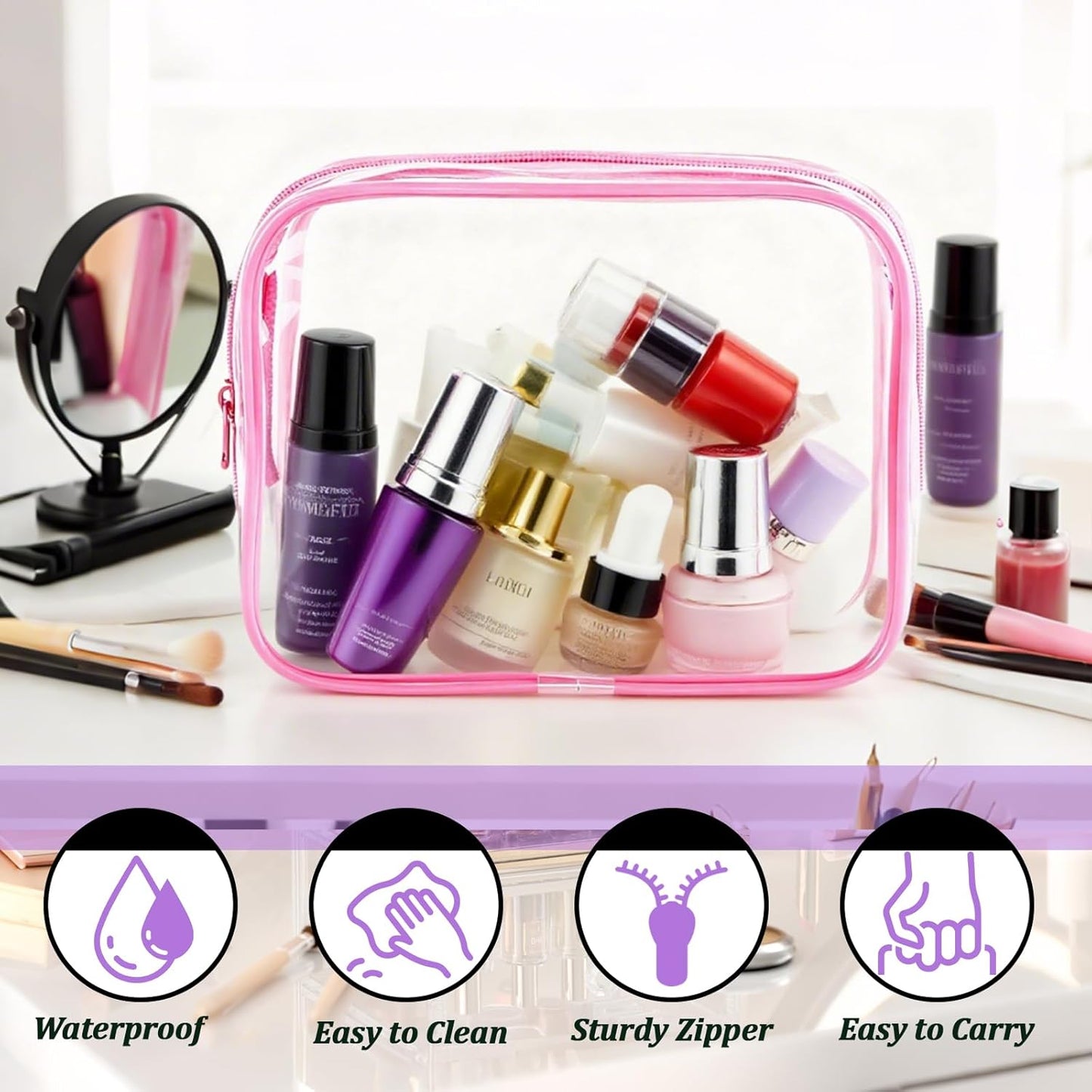 Clear Makeup Bags Set - TSA Approved PVC Toiletry Pouches | Waterproof Organizer for Travel Essentials (6 Pieces)