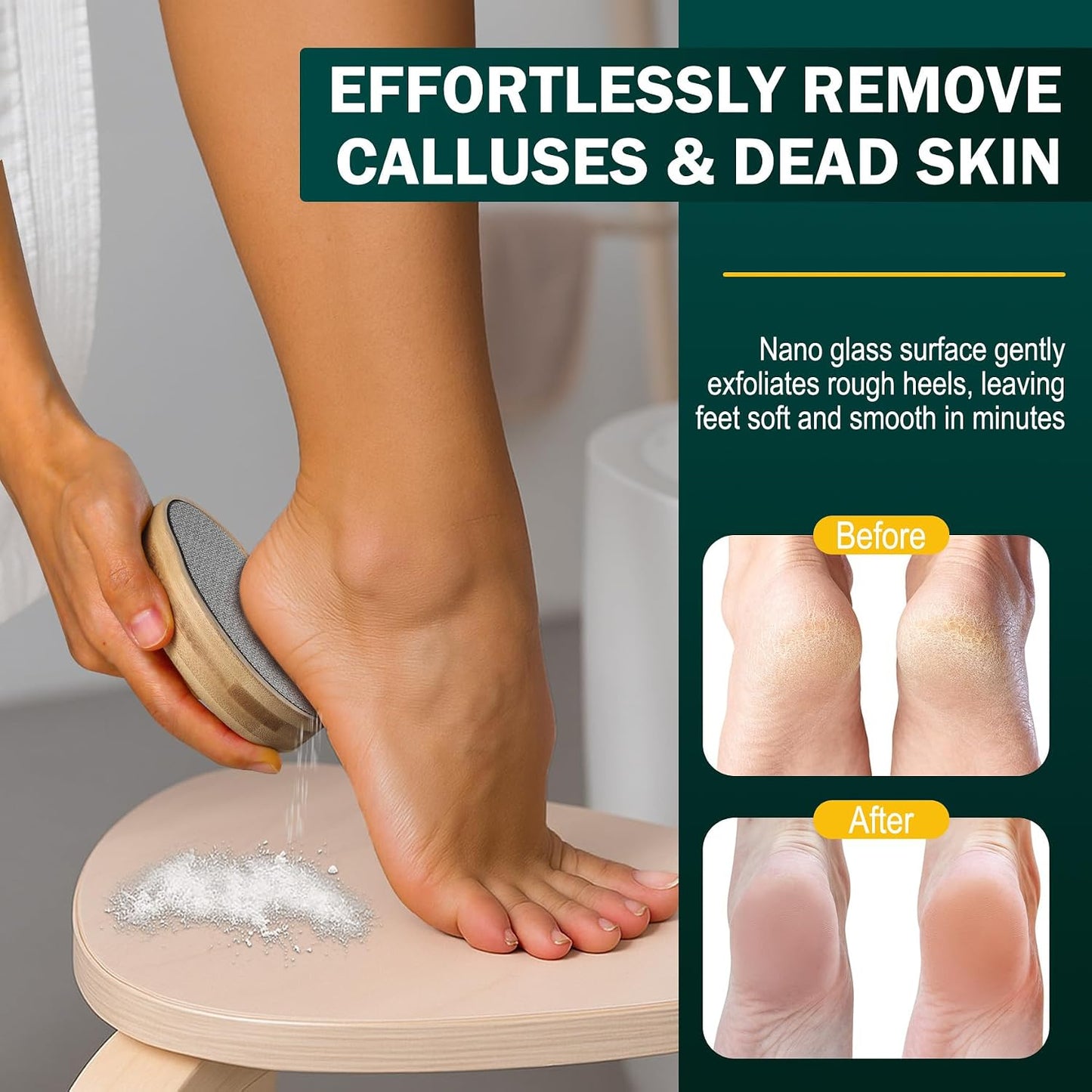 Nano Glass Foot File - Bamboo Handle Dead Skin Remover | Gentle Pedicure Tool for Soft Feet (Yellow)