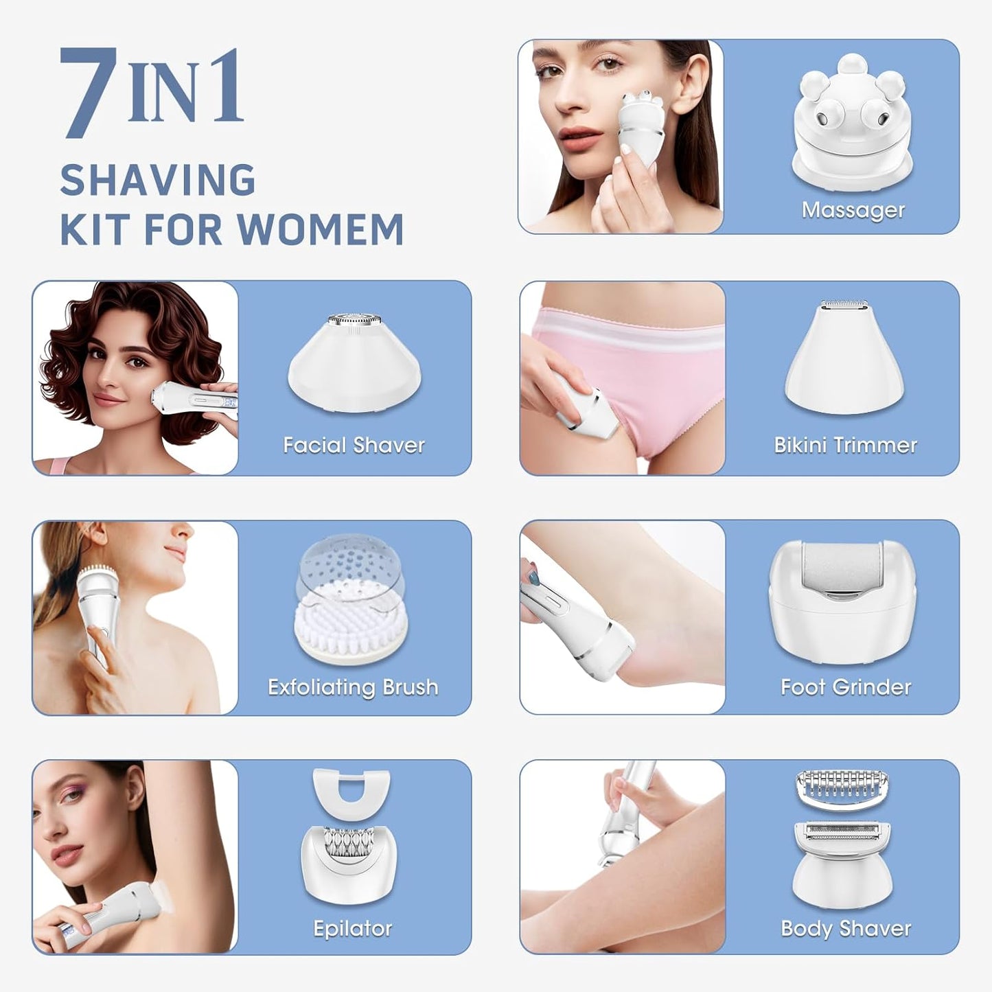 Electric Shavers for Women - 7-in-1 Hair Removal Kit with Epilator, Trimmer & Massager | Waterproof, Versatile Grooming Set