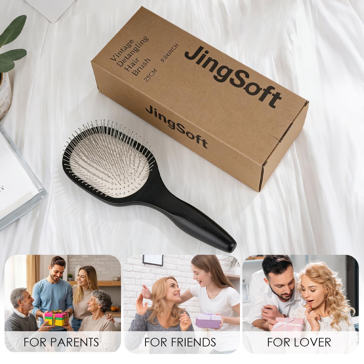 JingSoft Oak Wooden Hair Brush Anti-Static, Smoothing & Scalp Massaging Detangler Brush with Stainless Steel Bristles for All Hair Types - Black