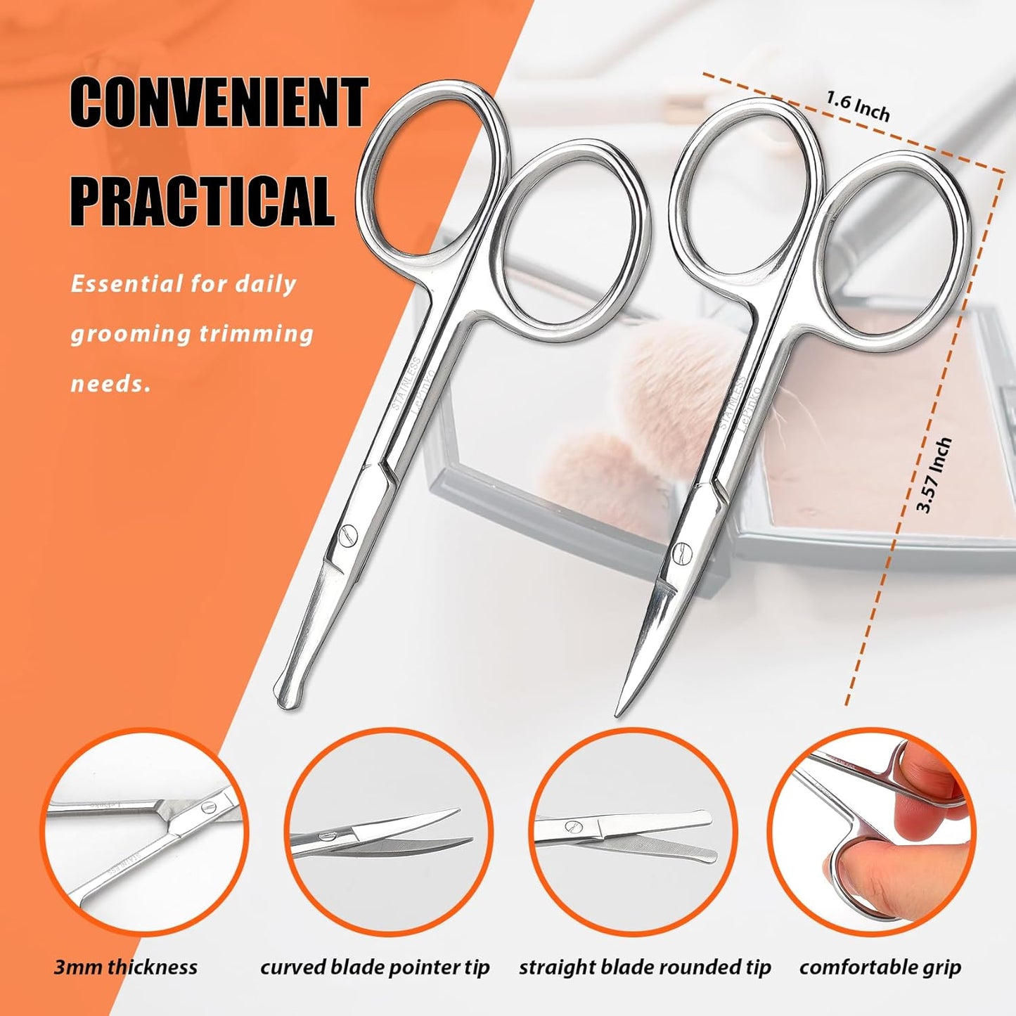 Grooming Scissors Set - Small Facial Hair Trimming Kit for Men & Women | Curved & Rounded Safety Tip - 2PCS Silver