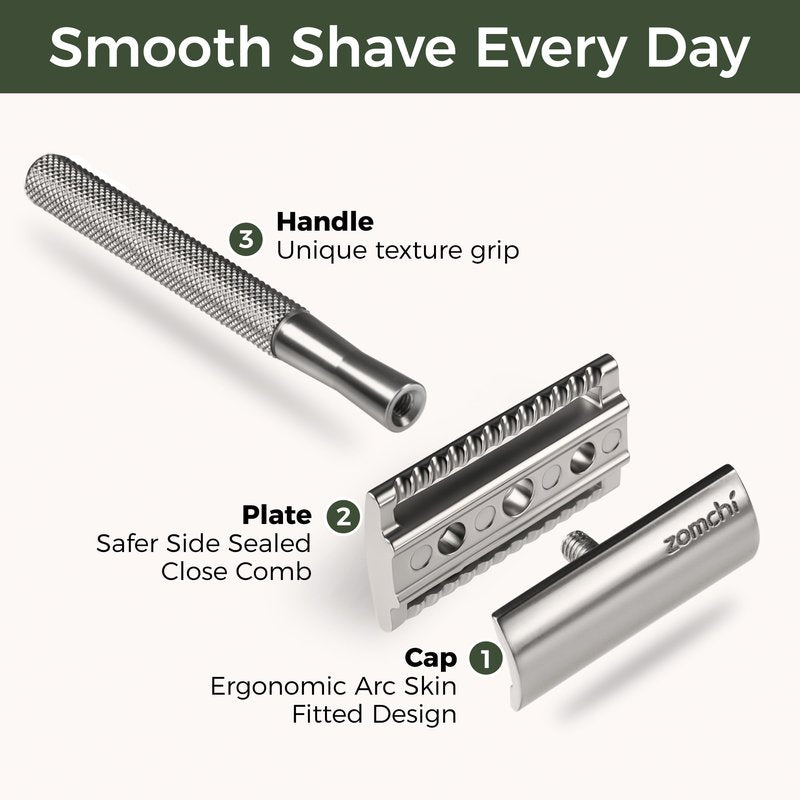 ZOMCHI Double Edge Safety Razor Kit for Men & Women, Reusable Metal Razor with Stand and 10 Blades, Eco-Friendly Plastic-Free Shaving - Matte Silver