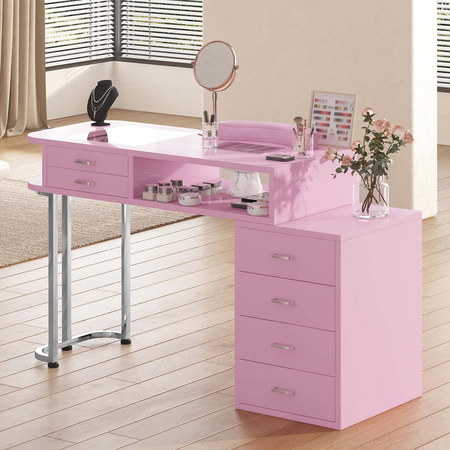 TABU Professional Manicure Table, Large Nail Table for Nail Tech with Pull-Out Drawers& Opening Storage Cabinets, Nail Workstation with Dust Collector, Wrist Cushion, Pink