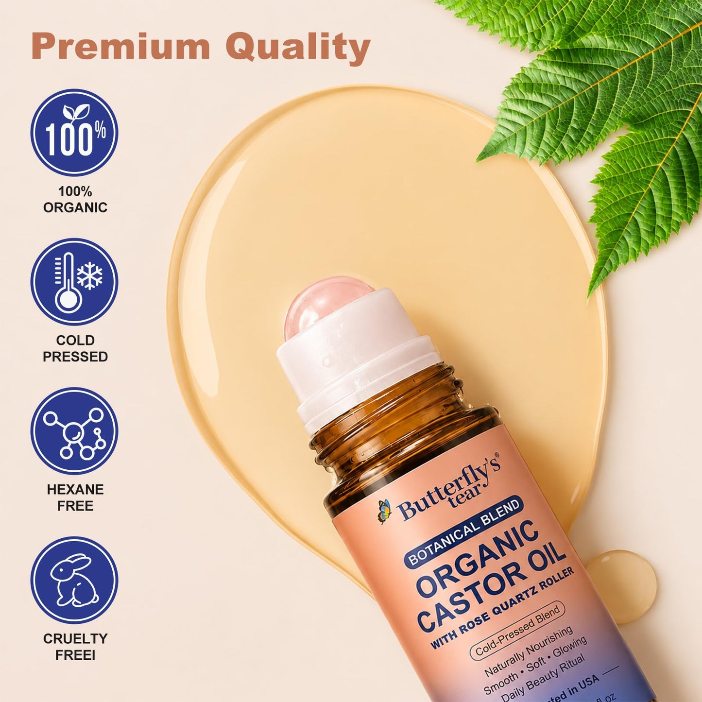 BUTTERFLY'S TEAR Organic Castor Oil with Rose Quartz Roller,100% Pure Cold-Pressed, Organic Castor Oil Roll On Rose Quartz,Hexane-Free,50Ml