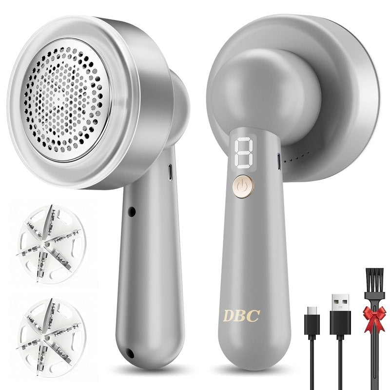 DBC Fabric Shaver & Lint Remover for Clothes, Sweaters & Furniture - 6-Leaf Blade, 3 Speeds, 2H Runtime, Portable Design Perfect for Travel, Includes 2 Extra Blades - Grey