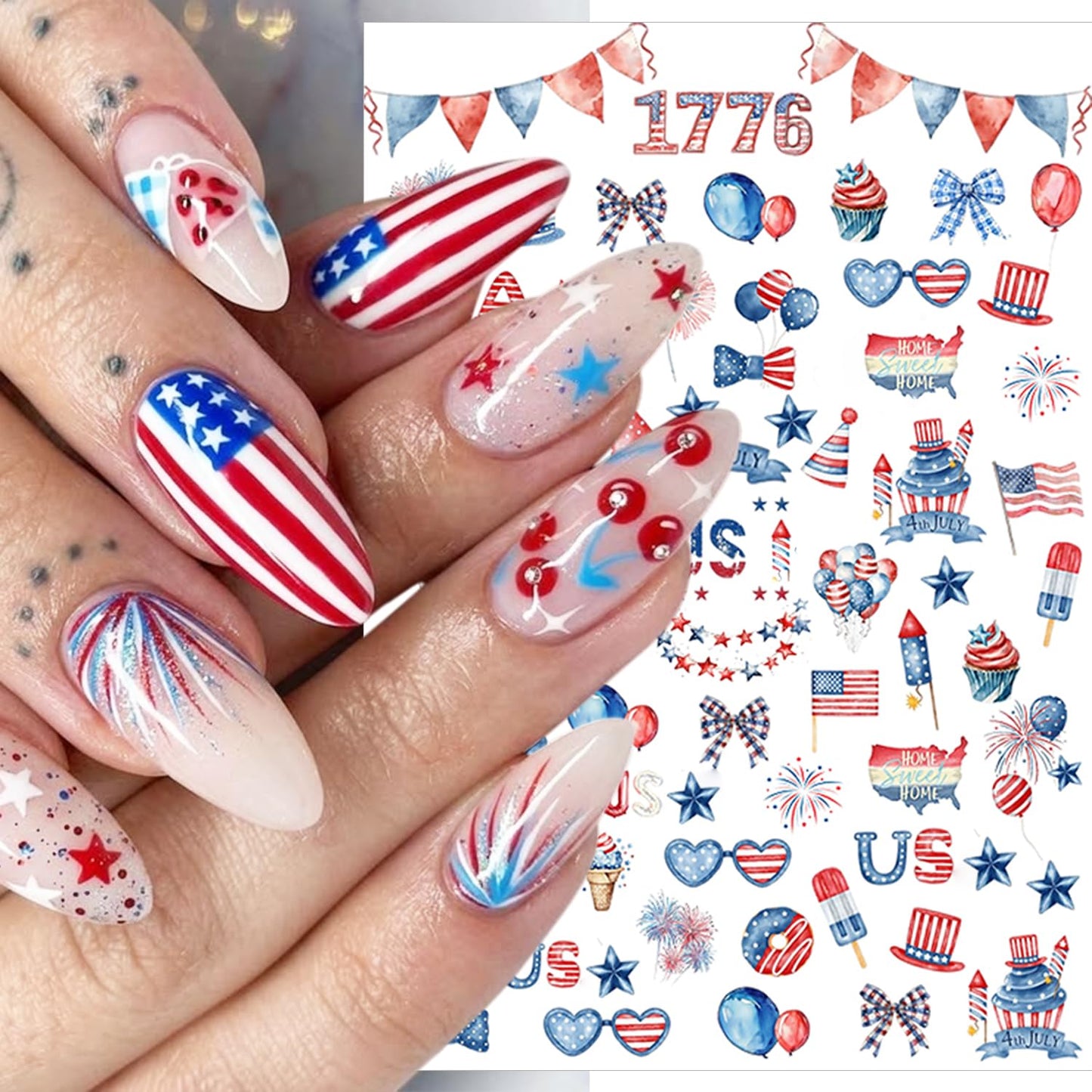 6 Sheets 4th of July Nail Stickers for Nail Art 3D Self-Adhesive Independence Day Nail Decals American Flag Stars Letters USA Nail Art Stickers Fourth of July Nail Design Nail Art Supplies for Women