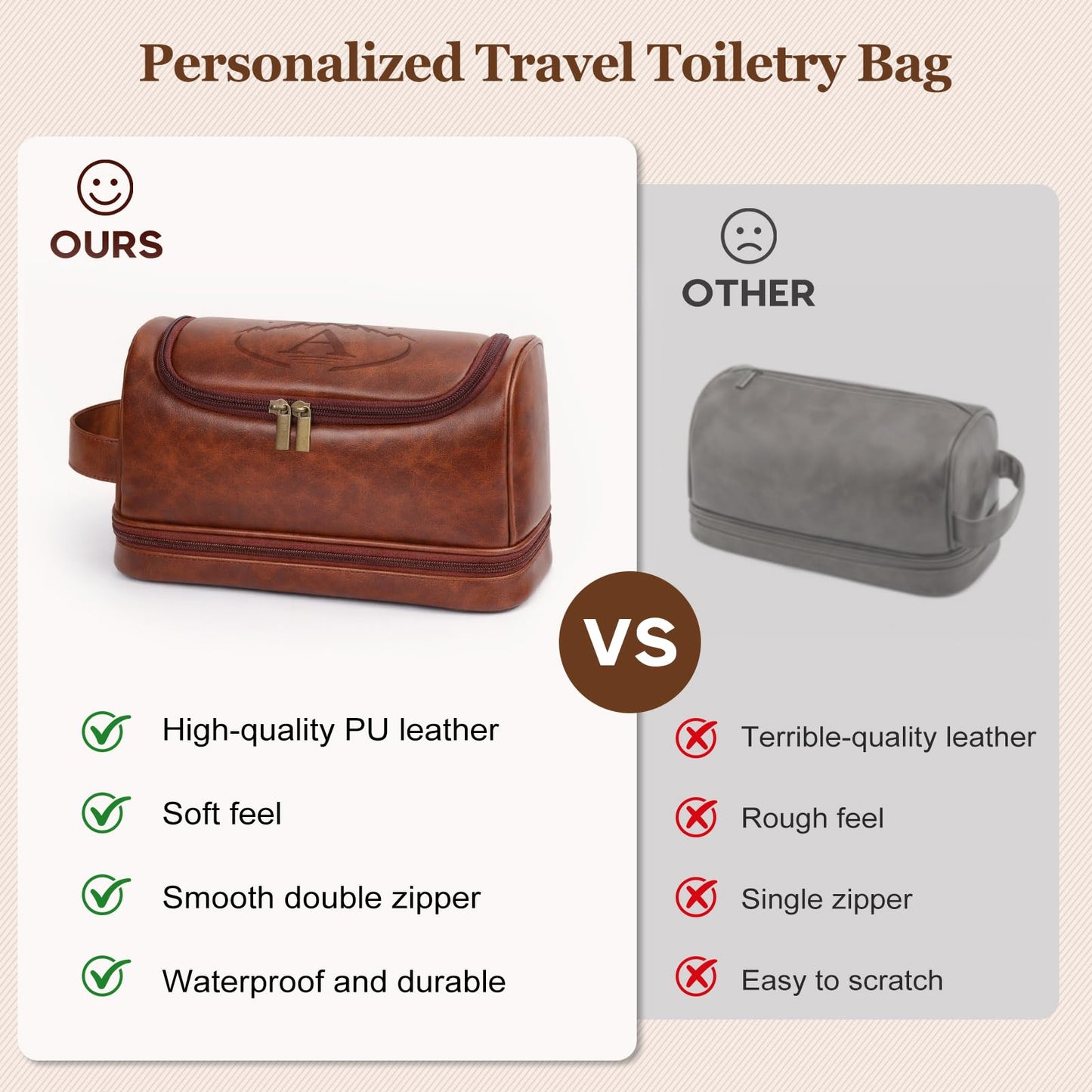 Personalized Men’s Travel Toiletry Bag with Hook, Engraved Initials PU Leather Water-resistant Shaving Bag for Bathroom Shower, Unique Anniversary & Birthday Gifts for Men, Dad, Husband, Son,A