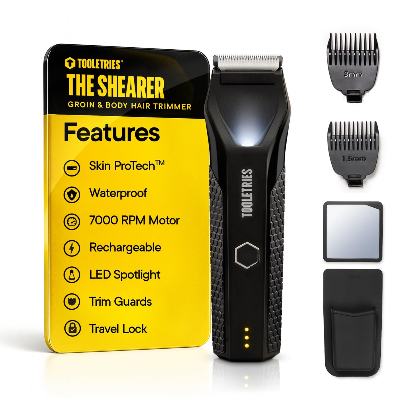 TOOLETRIES The Shearer Groin Trimmer & Body Groomer with Accessories Set, Men’s Waterproof Pubic Hair & Ball Trimmer, Rechargeable Wet/Dry Electric Shaver for Chest, Legs & Sensitive Areas - Black