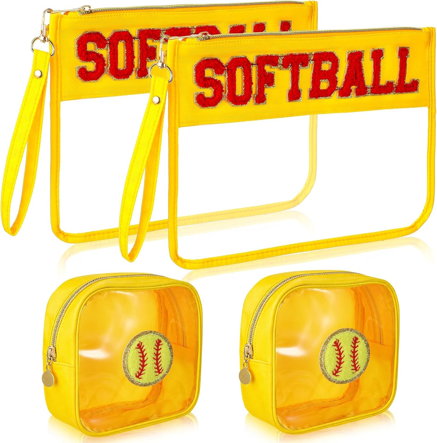 Softball Gift Set for Girls - 4 Pcs Snack Goodie Bags & Makeup Toiletry Pouch | Chenille Letter Travel Case