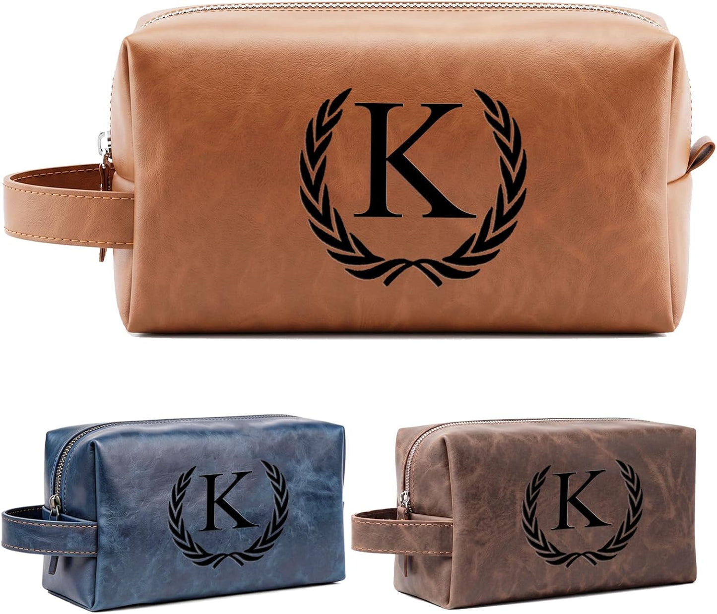 Personalized Leather Toiletry Bag for Men | Engraved Initial Waterproof Travel Bag - Dark Brown