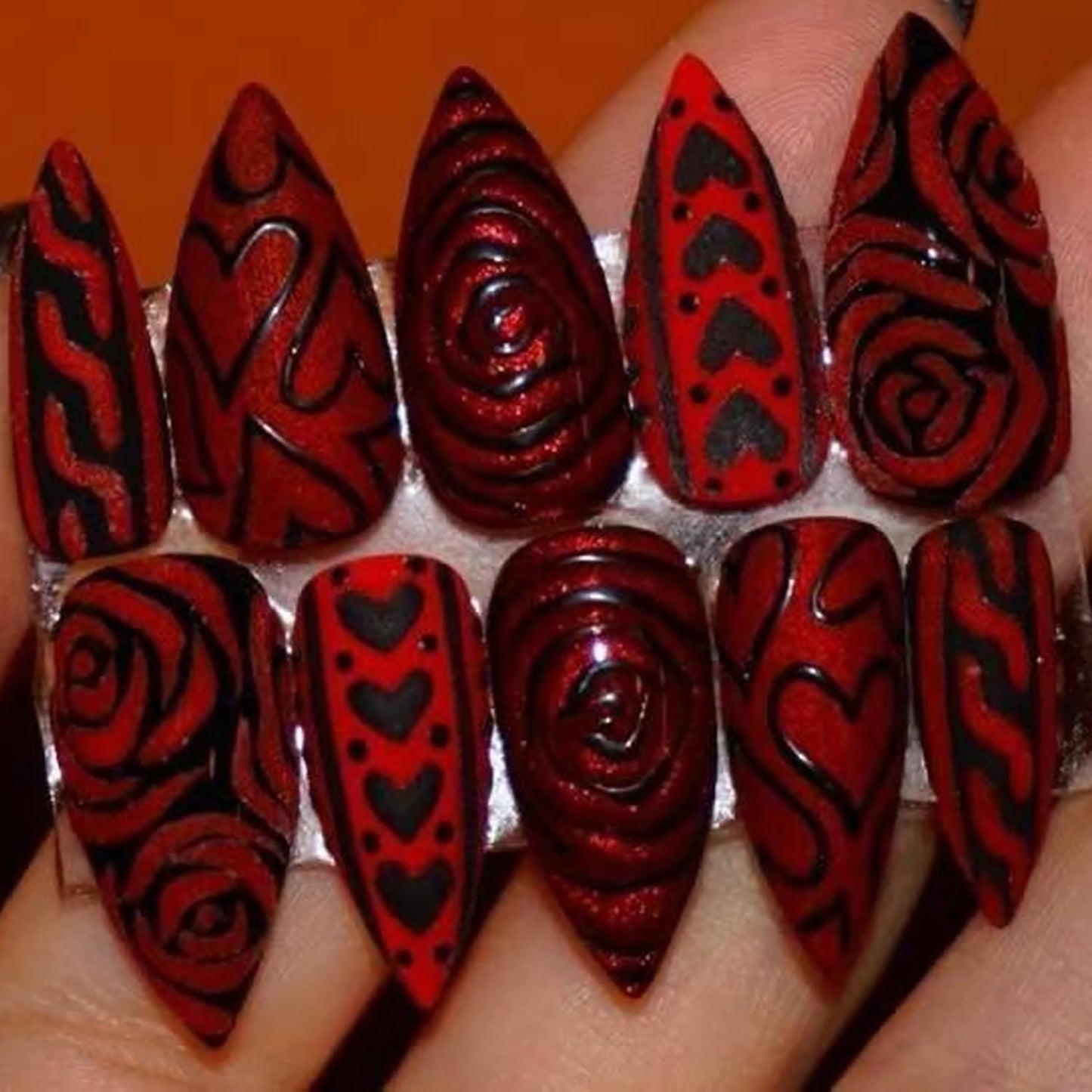 Valentine's Press-On Nails - 30 Pcs Short Almond Red French Tip with Pearl & Gold Bow | Romantic Heart Acrylic Set