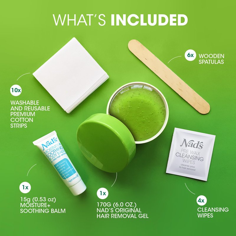 Nad's Original Natural Hair Removal Gel Wax Kit, Waxing Kit for Full Body, Hair Removal Wax with Strips, No-heat Formula, 6 Ounce