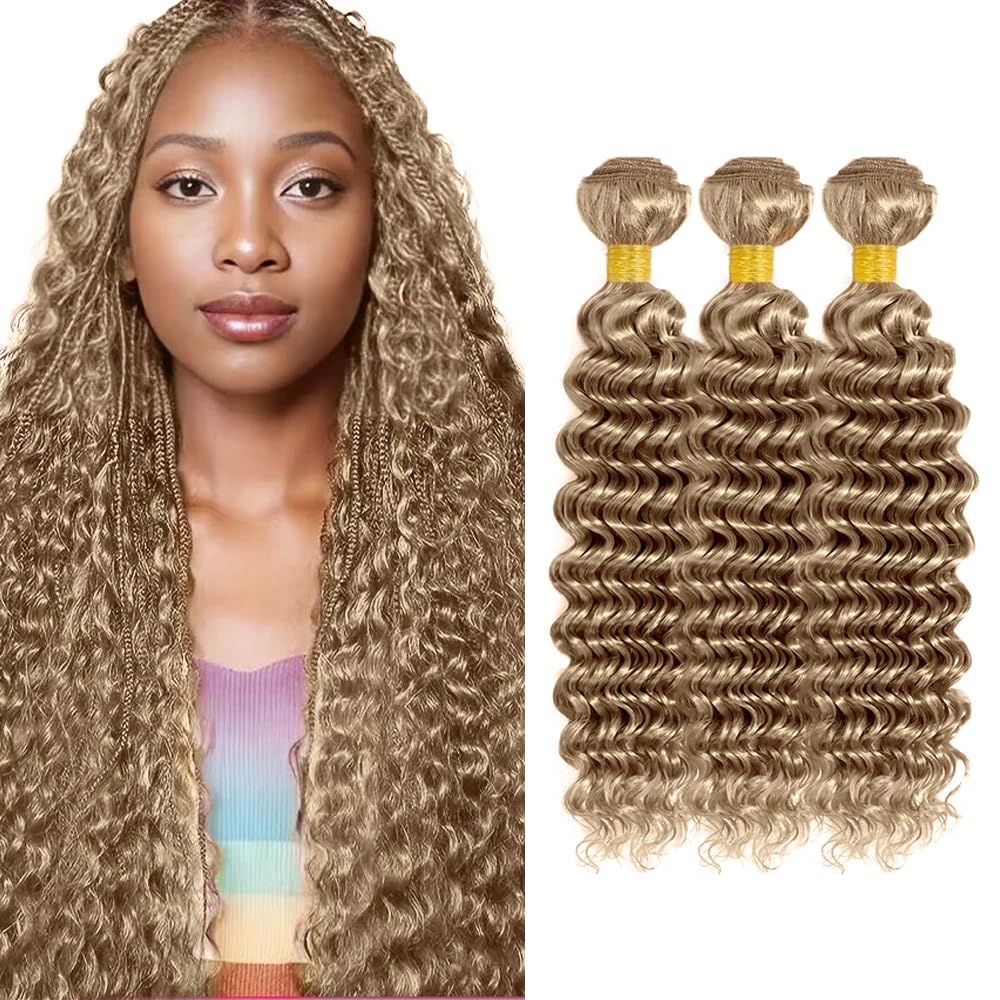 24 26 28 Inch Ash Blonde Bundles Human Hair #22 Deep Wave Blonde Human Hair Bundles Color #22 Wet and Wavy Bundle 150g