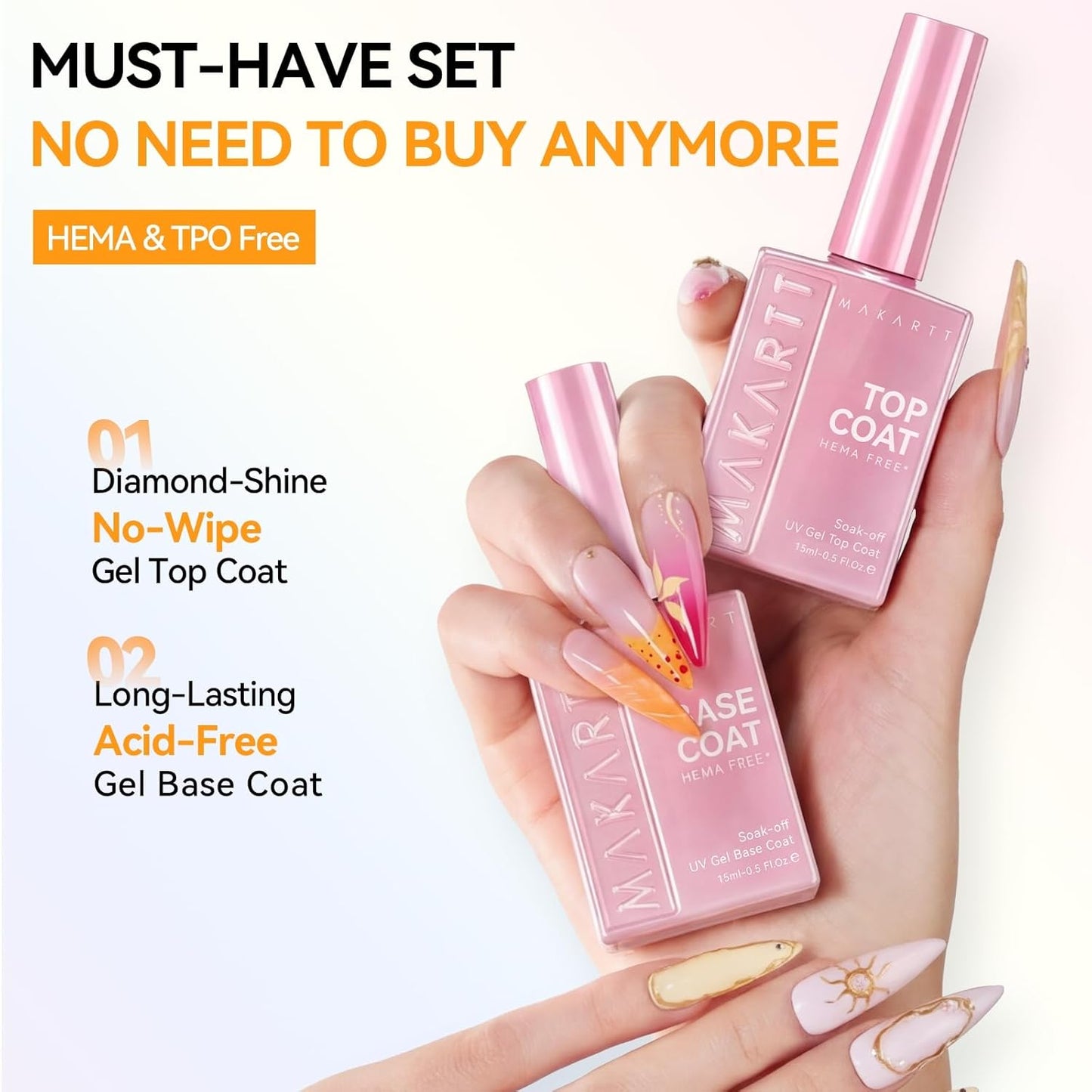 Gel Top and Base Coat Set - Hema-Free, No Wipe, Diamond-Shine | 2 PCS 15ml for Long-Lasting Nail Polish