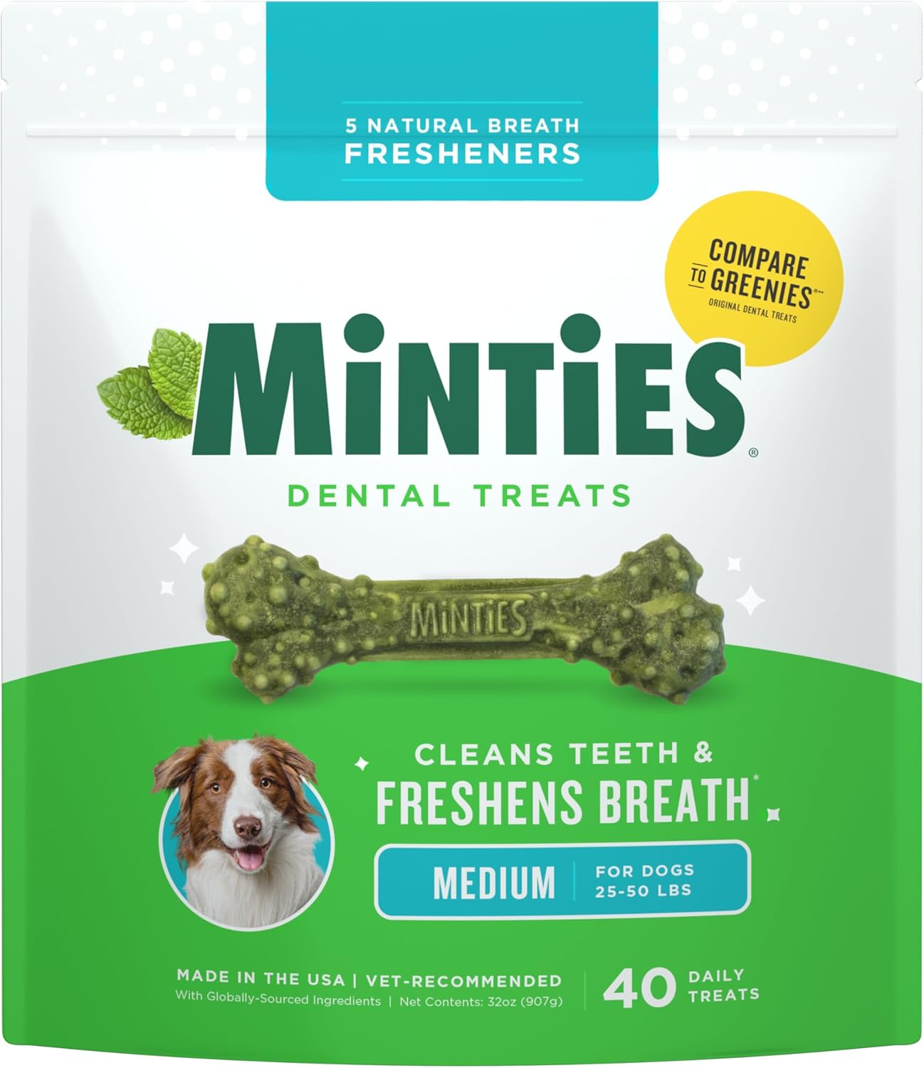 Dog Dental Bone Treats - Minties for Fresh Breath & Clean Teeth | Tiny/Small, 16 Ounces, 40 Count