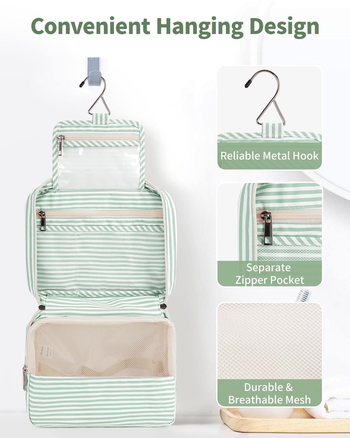 Narwey Small Hanging Travel Toiletry Bag for Women, Travel Bag for Toiletries, Makeup Bag Organizer Cosmetic Bags Make Up Bags for Girls (Mint Green Stripe)
