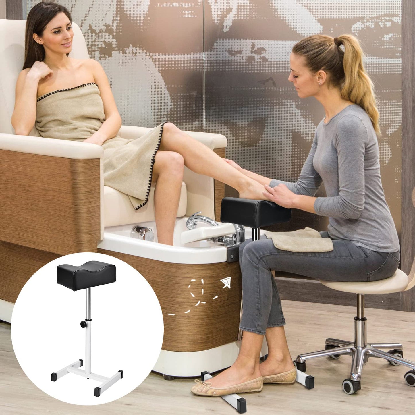 Adjustable Height Footrest - Pedicure & Manicure Stool for Home Spa | Black