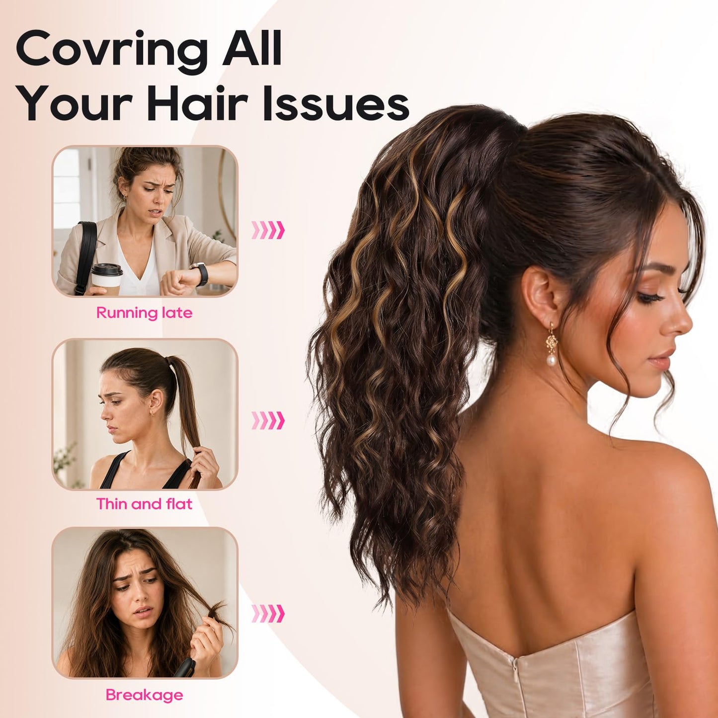 REECHO Ponytail Extension, 18 Inch Curly Claw Pony Tails Hair Extensions Clip in Ponytail Hair Extensions Natural Synthetic Hairpiece for Women Everyday Wear, Chocolate Brown with Highlights