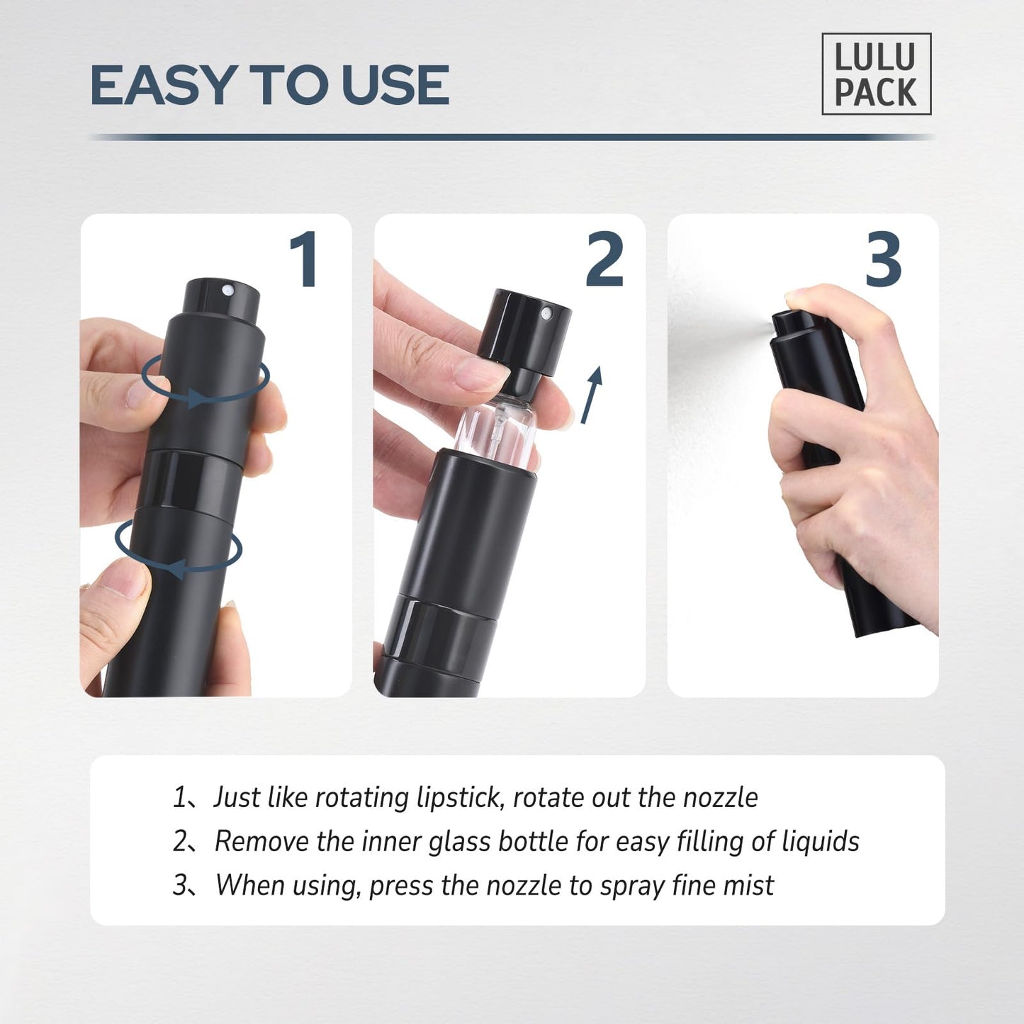 Lulupack Perfume Atomizer Refillable Travel Bottle: Cologne Portable Sprayer for Men - Mini Spray Empty for Refill - 1oz Large Size Black