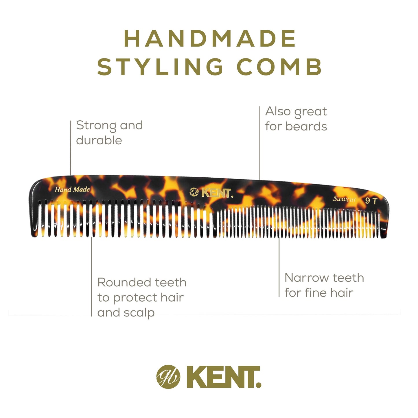 KENT 9T Fine Tooth & Wide Tooth Comb Detangler - Large Handmade Saw-Cut Dressing Comb - Wet/Dry Hair Comb for Women & Men, Made in England (Yellow Tokyo), 1 Count