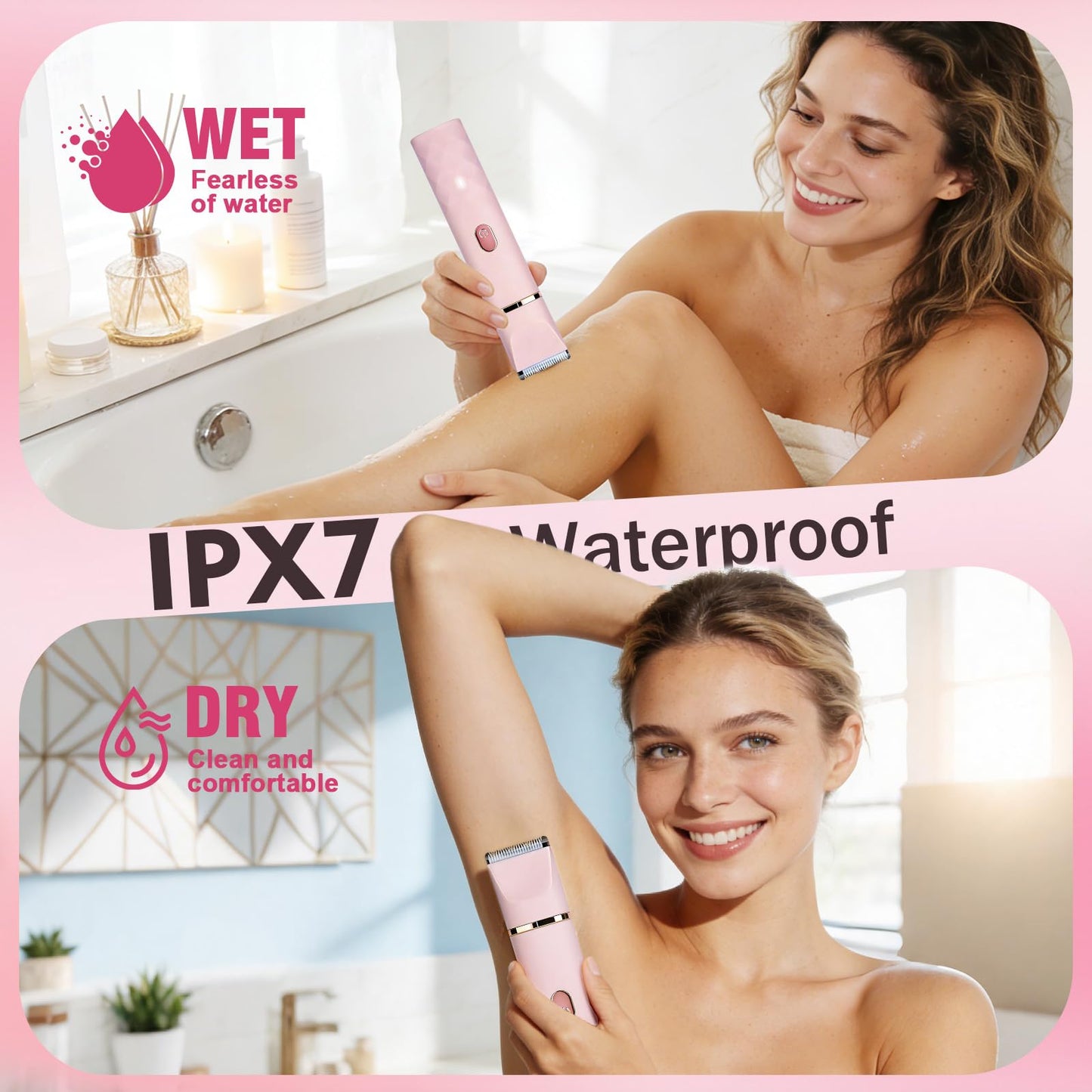 Bikini Trimmer for Women, 2-in-1 Electric Razor for Pubic Hair, Waterproof Wet Dry Body Shaver with Gentle Ceramic Blade, Rechargeable Portable Grooming Tool for Sensitive Areas, Pink