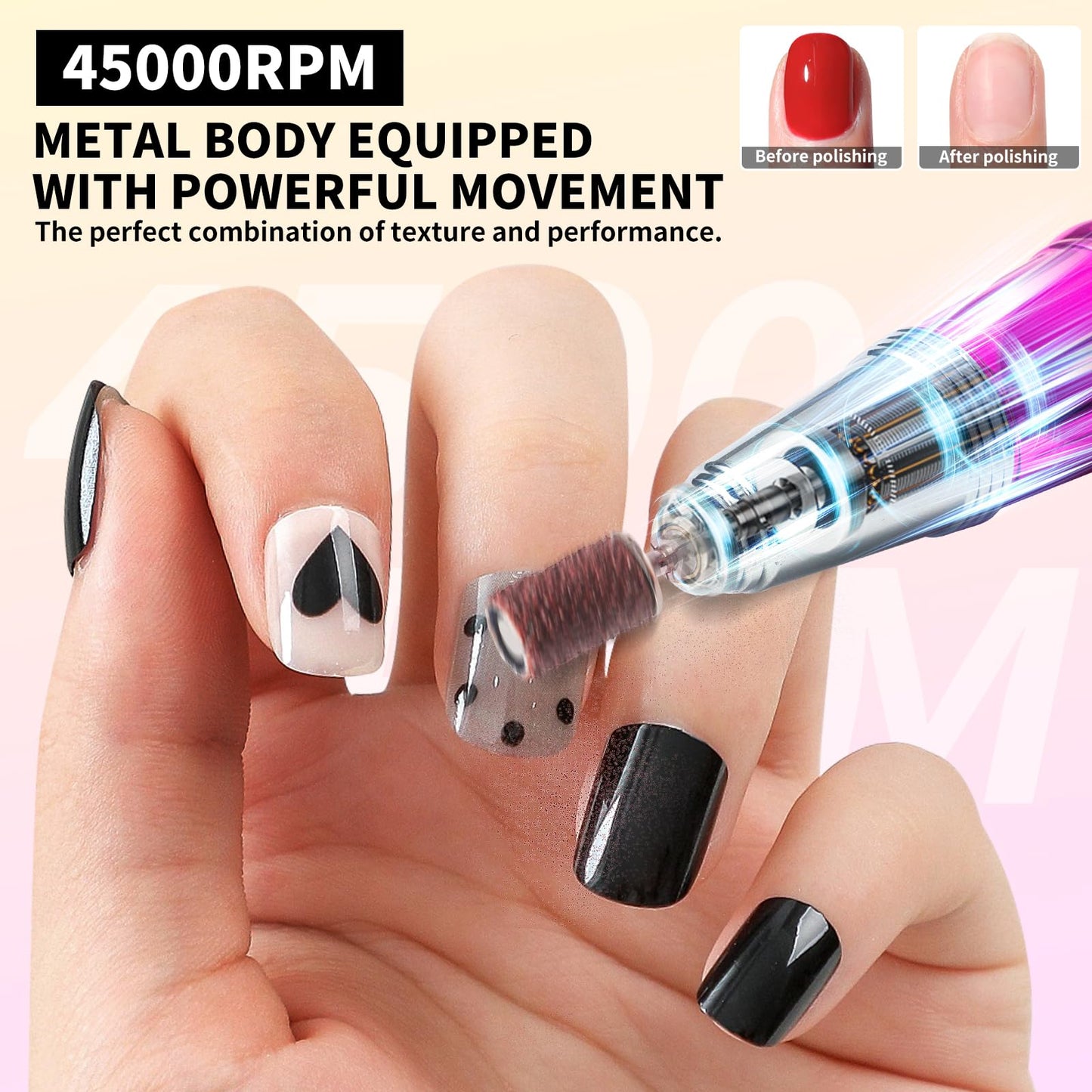 Cordless Nail Drill 45000 RPM, Rechargeable Electric Nail File Kit for Acrylic Gel Polishing Removing, Nail Drill kit with Bits & Base, Portable Nail E-File Machine for Manicure Pedicure Salon (Gold)