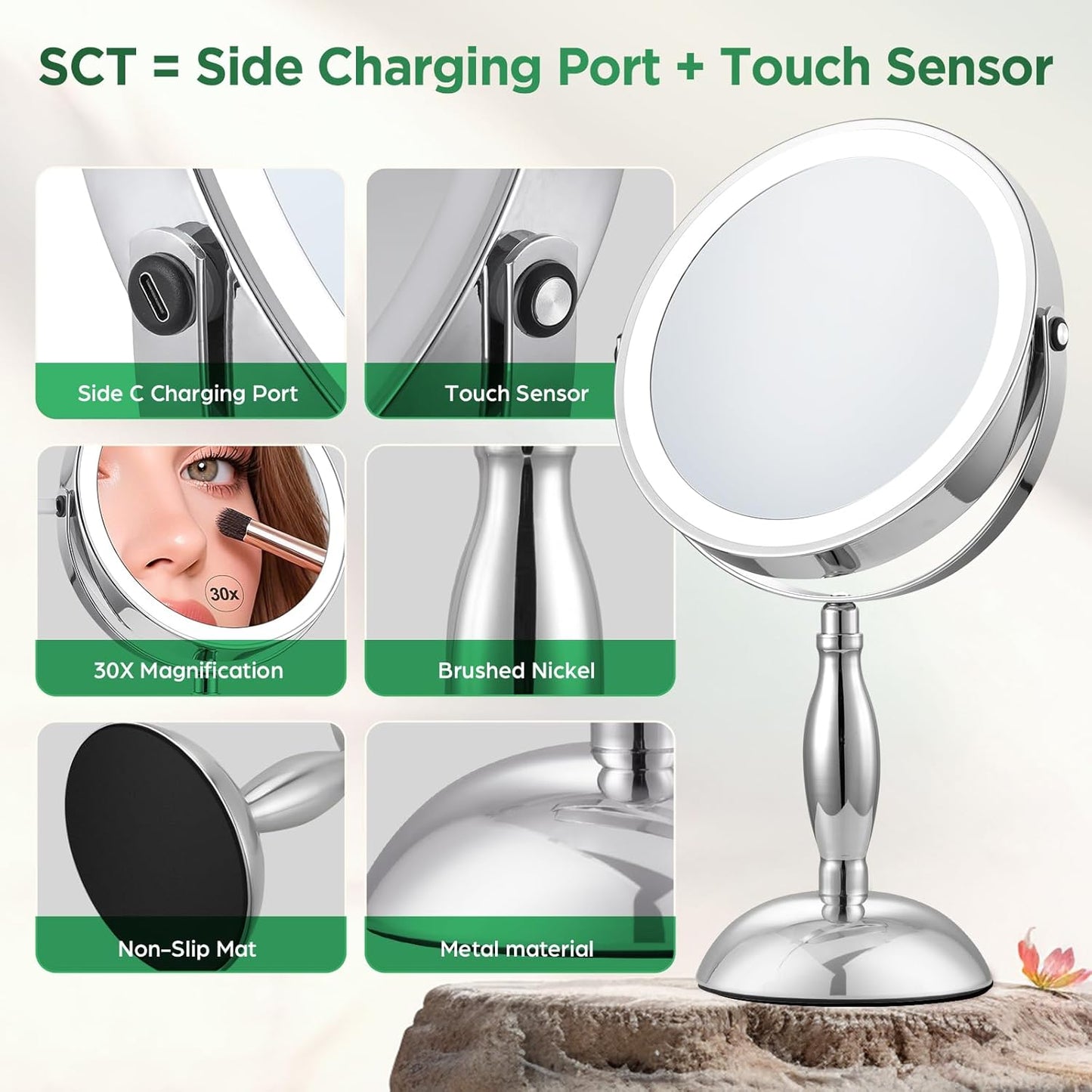 Lighted 30x Magnifying Makeup Mirror - Adjustable Brightness, 3 Color Modes | 5000mAh Rechargeable, 360° Rotation