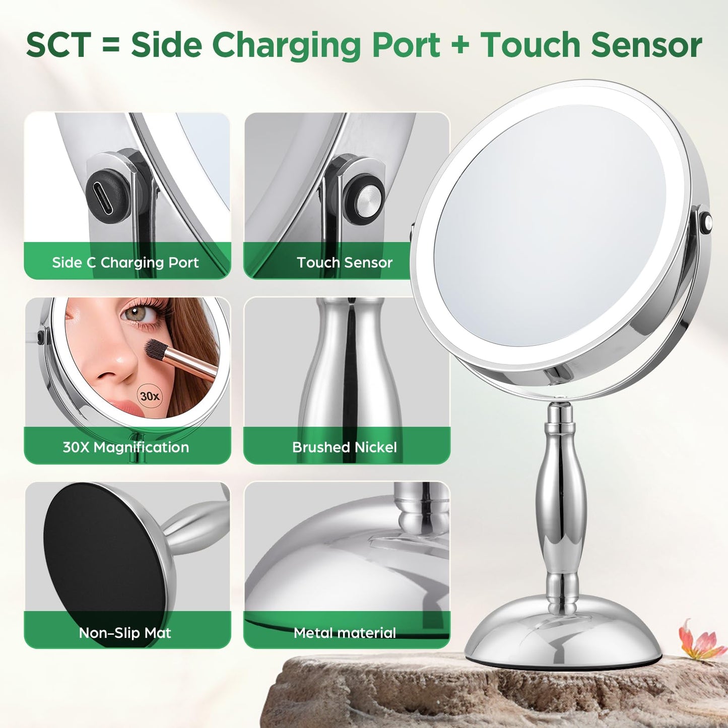 30x Magnifying Mirror, Chrome Lighted Makeup Mirror with 3 Colors Modes