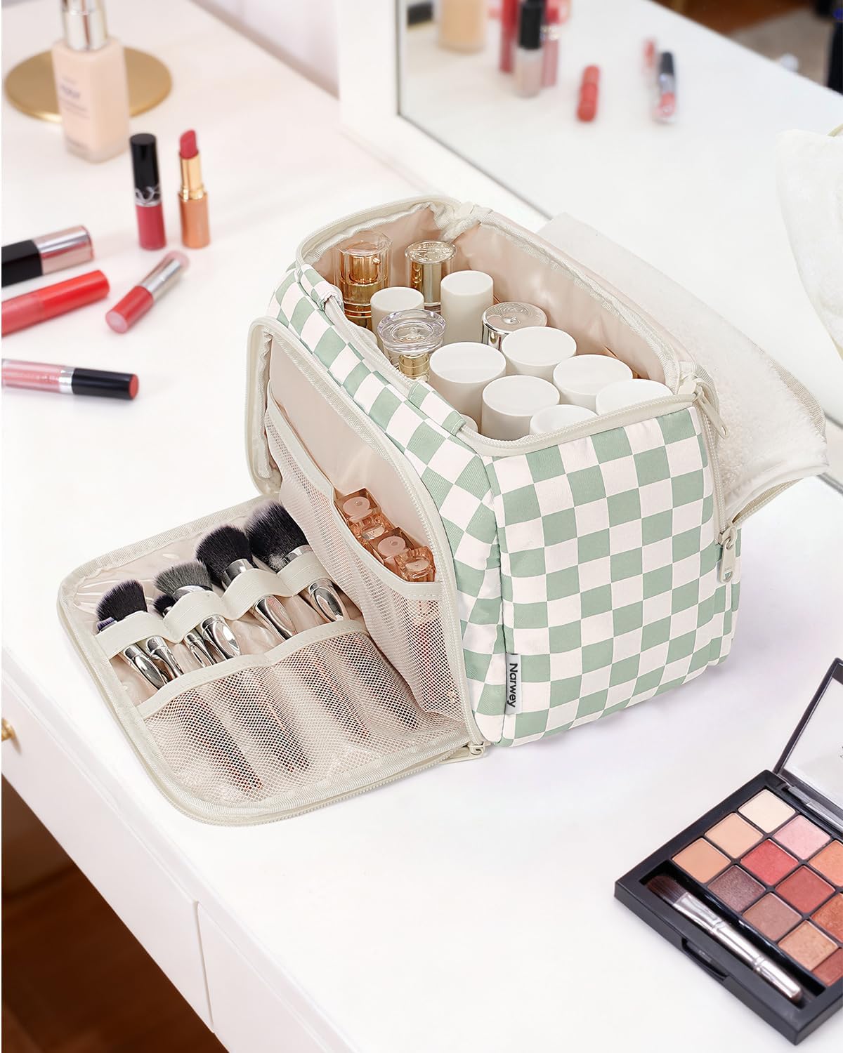 Checkered Travel Toiletry Bag - Large Makeup Organizer with Handle | Mint Green Checkerboard