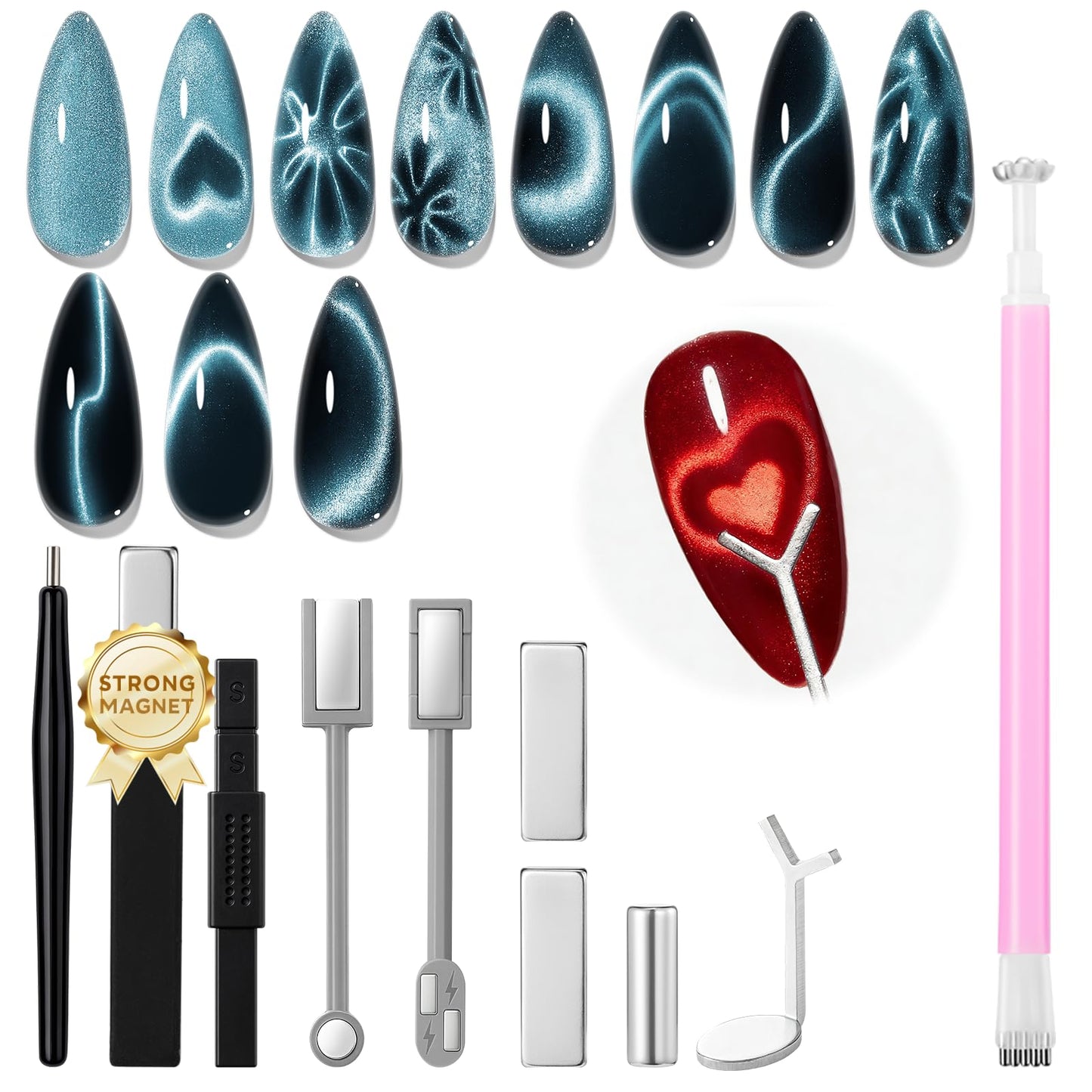 modelones Cat Eye Magnet Set, Heart Nail Art Tool Strong Magnetic Pen Double Head Round Magnets Stick Wand Diverse French Moon Floral Circle Cateye Effect DIY Professional Manicure Gift for Women