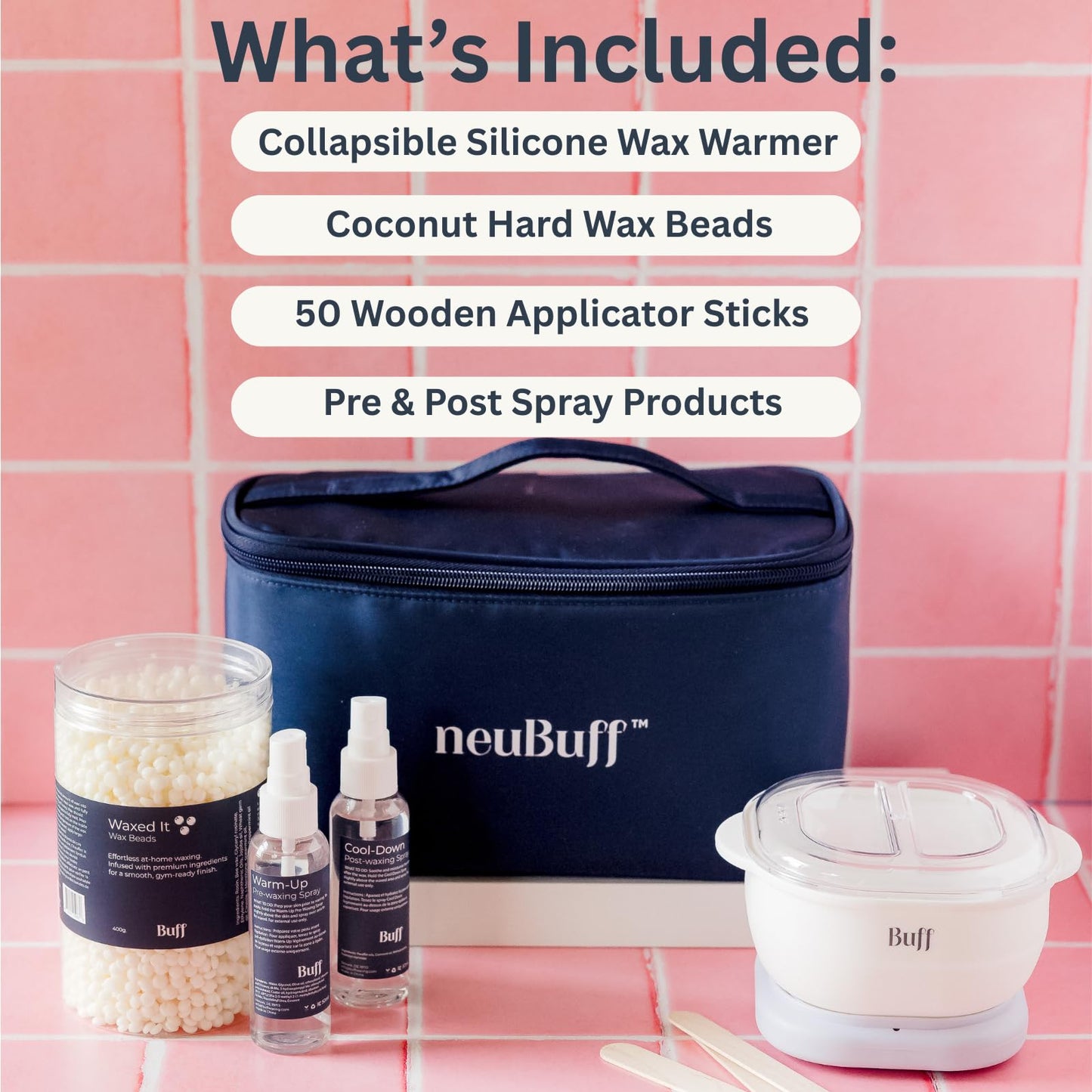 neuBuff Super Set Wax Kit for Hair Removal, Complete At-Home Waxing Solution with Wax Warmer, Wax Beads, Wax Applicator Sticks, Pre- and Post-Sprays in Convenient Storage Bag for Easy Organization