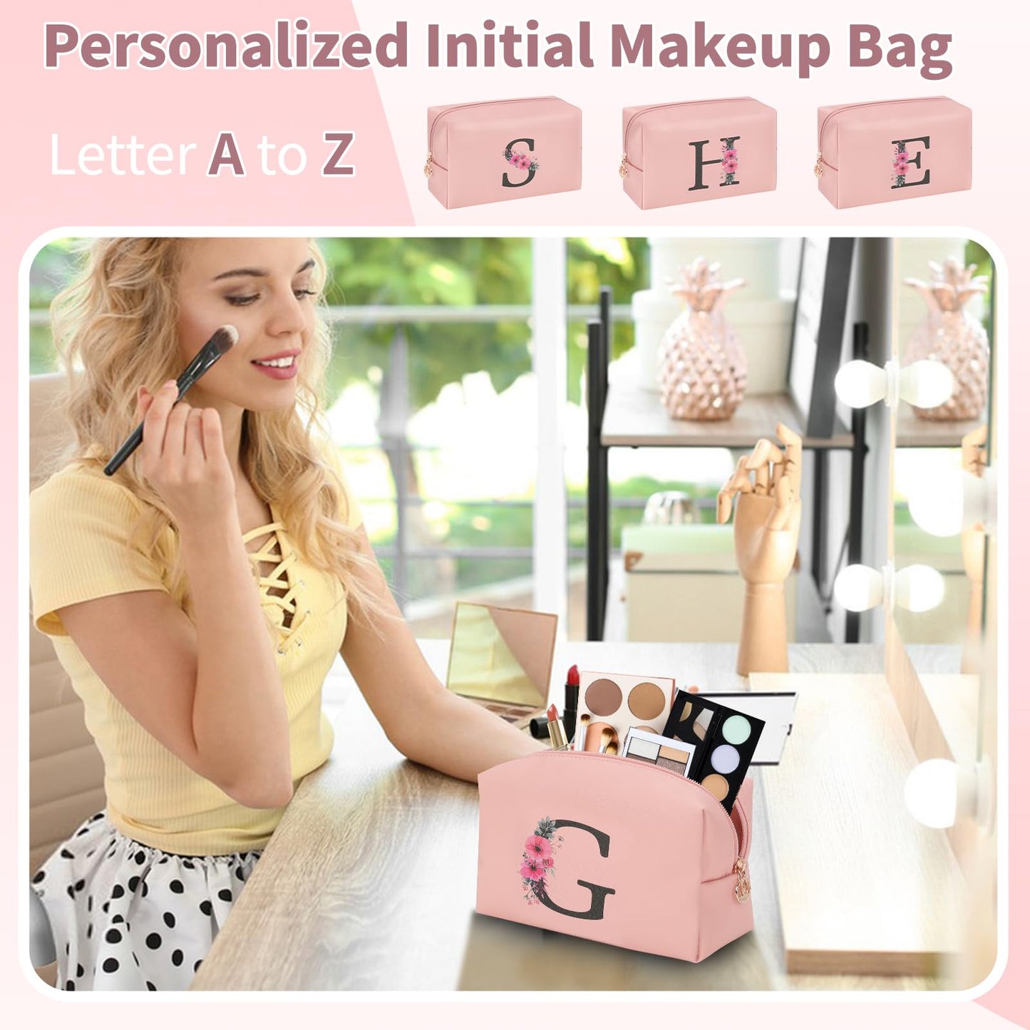 Initial Makeup Bag for Women, Travel Makeup Bag Small Cosmetic Bag, Birthday Gifts for Girls and Women, Teen Girls Gifts Trendy Stuff, Personalized Gifts for Grandkids Teacher Friends Bride Bridesmaid