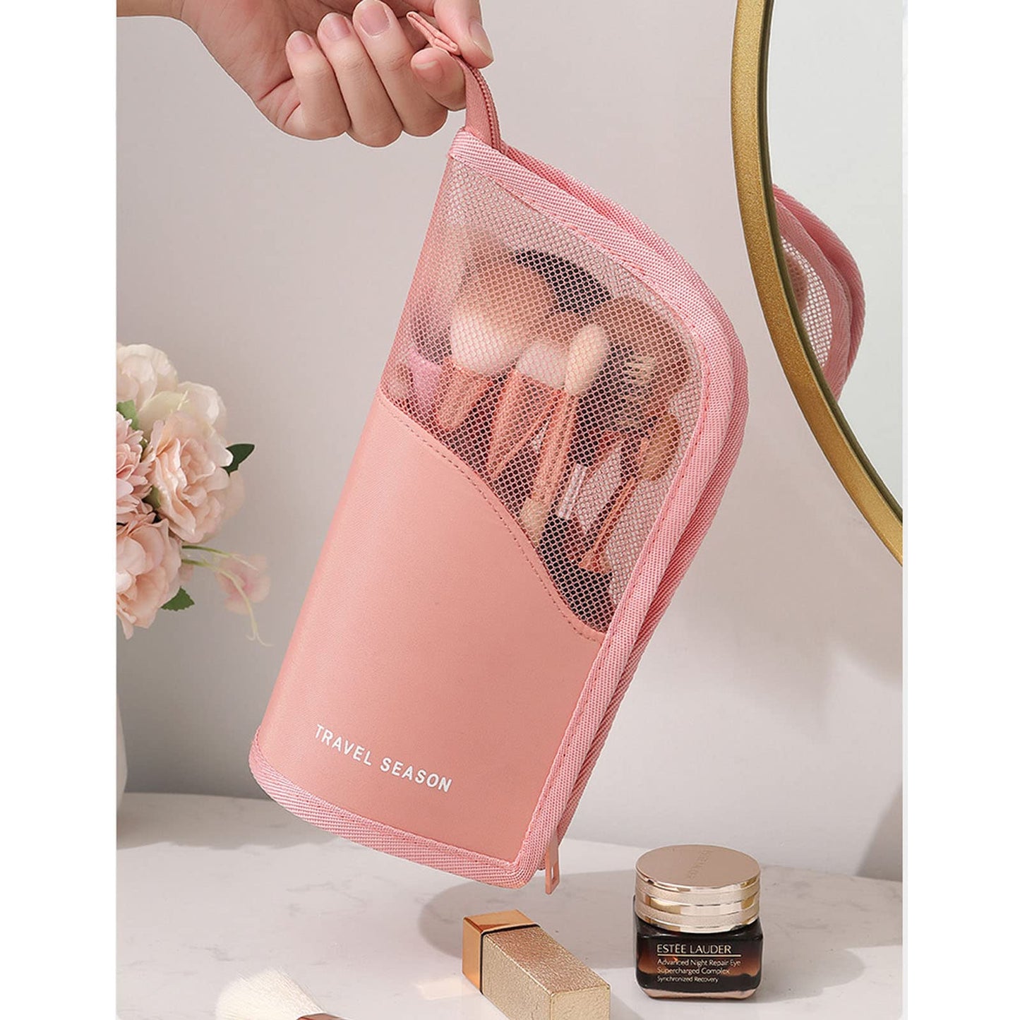 Linsiter Makeup Brush Travel Case Stand Up, High Capacity Makeup Organizer Portable Travel Makeup Brush Holder (Pink)