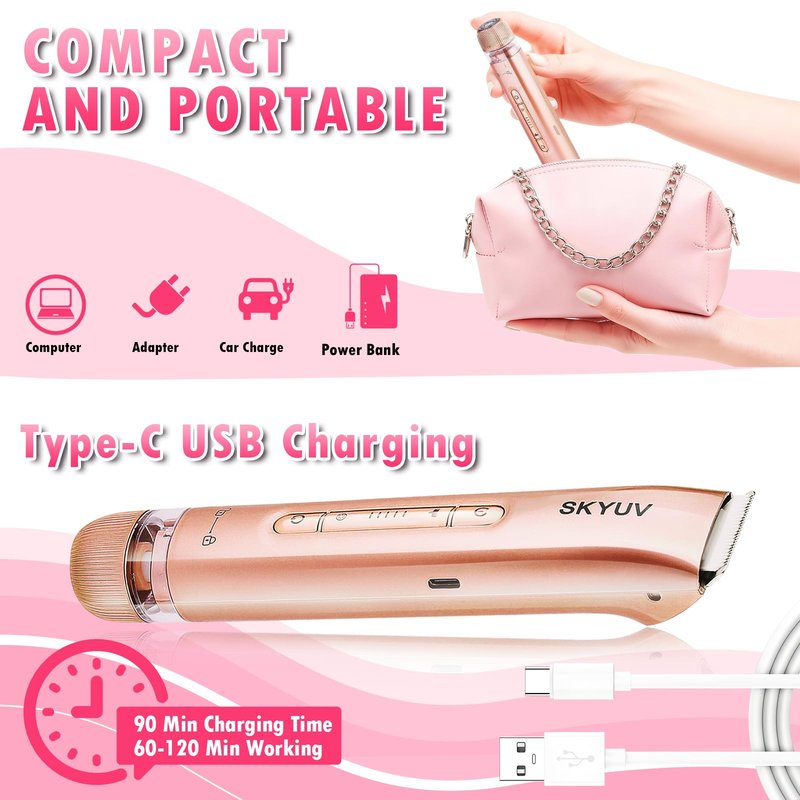 Bikini Trimmer for Women, SKYUV 2 in 1 Electric Razors Bikini Shaver, IPX7 Waterproof & Easy Cleaning, Ceramic Blade, USB Recharge, Cordless Body Hair Trimmer, Facial & Pubic Hair Removal