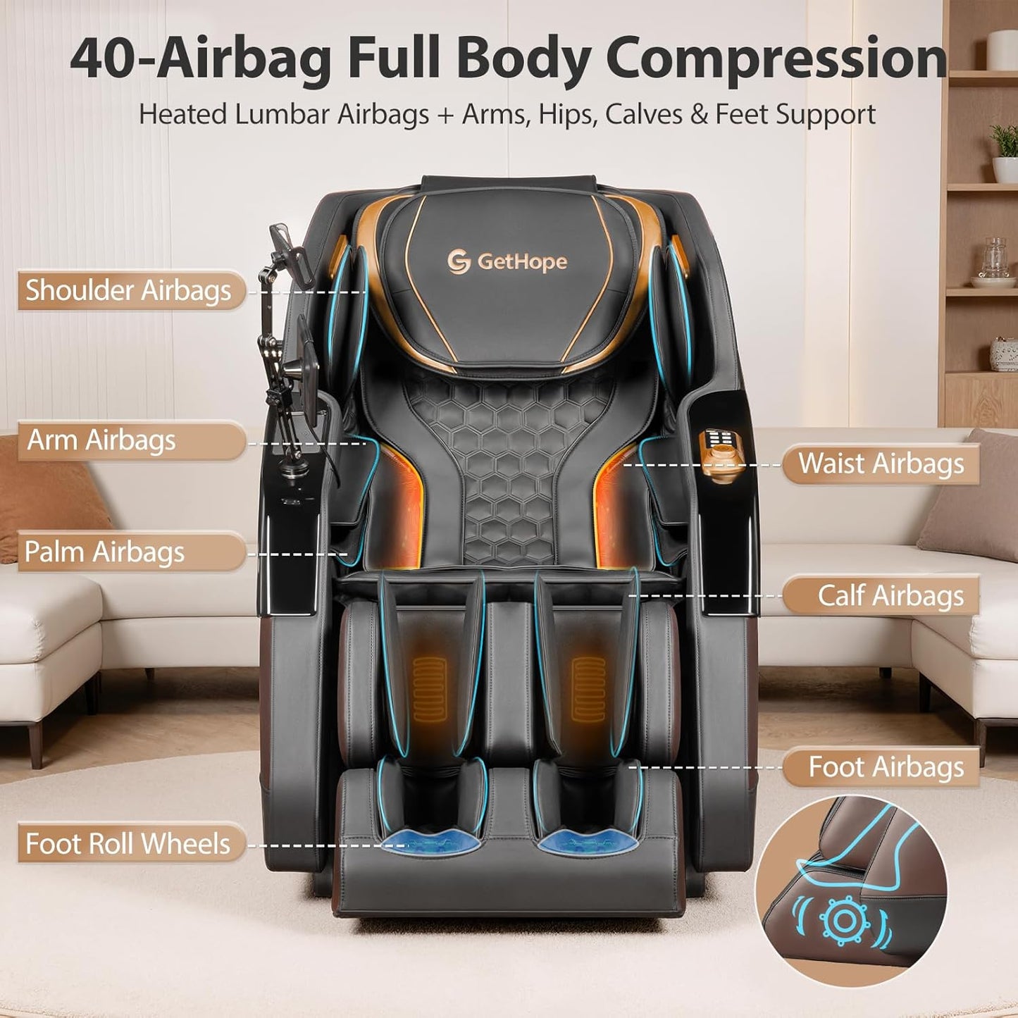 4D Zero Gravity Massage Chair - Full Body Shiatsu Recliner with Lumbar Heat & Bluetooth | 57.1" SL-Track, 40 Airbags, AI Voice Control